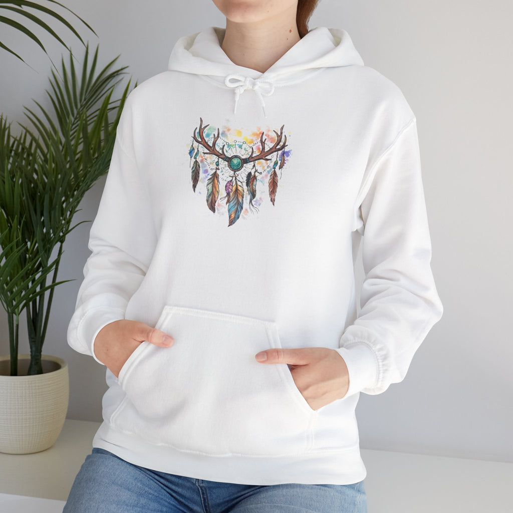 Dreamcatcher Antler Hoodie — Watercolor Feathers & Floral Boho Sweatshirt
