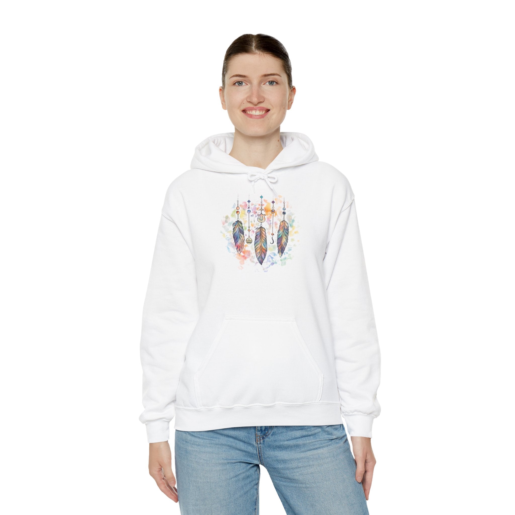 Boho Feather Dreamcatcher Hoodie — Watercolor Tribal Feathers Pullover