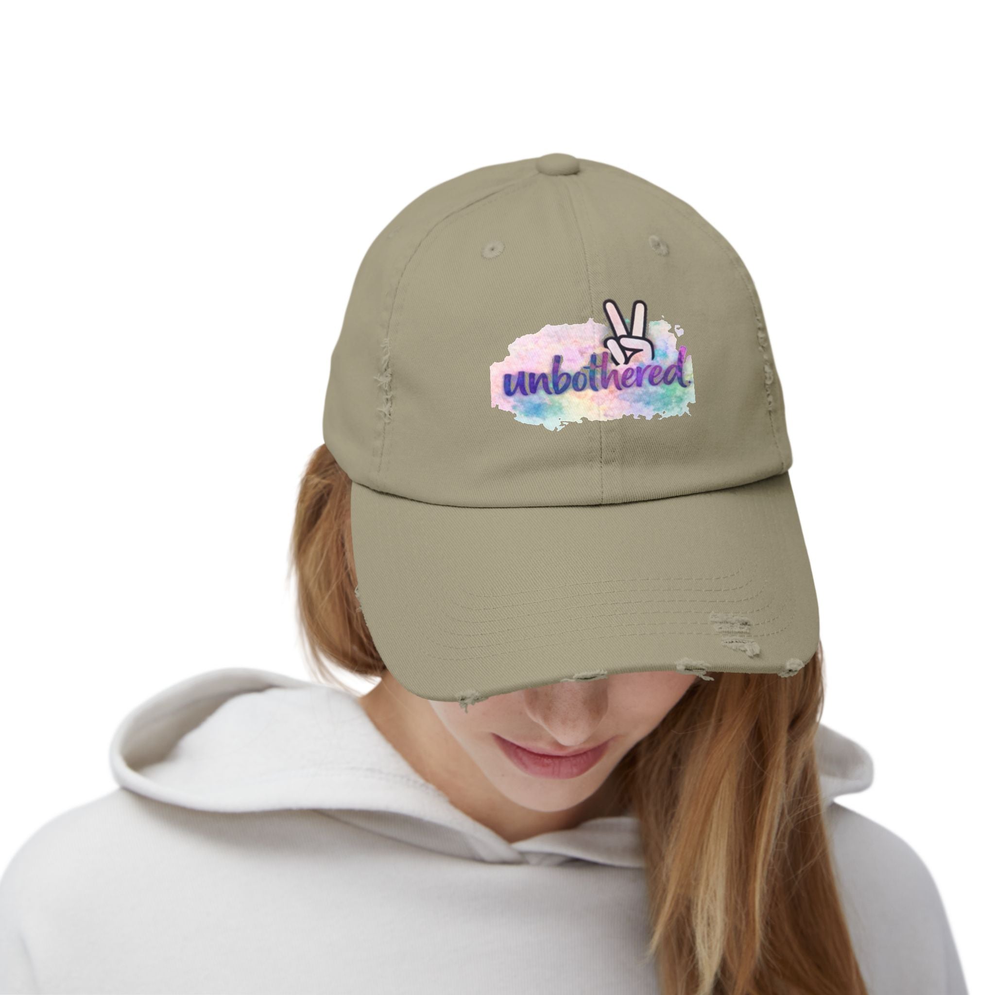 Unbothered Distressed Cap — Pastel Peace Sign Baseball Hat