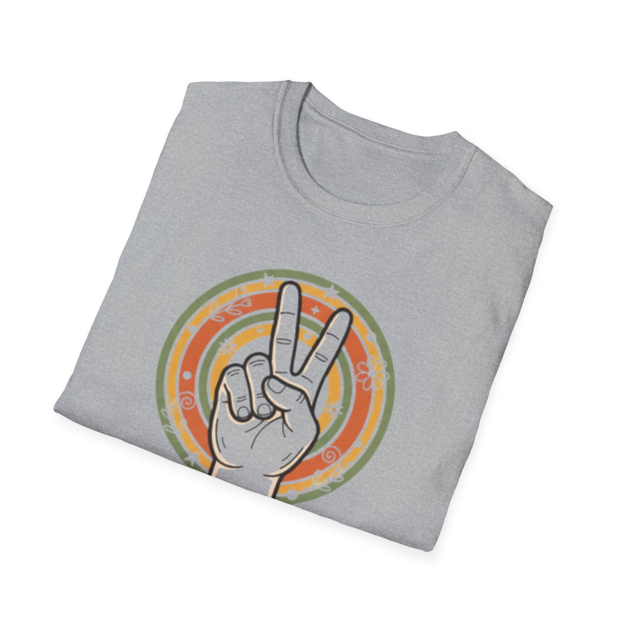 Peace Hand Sign T-Shirt | Retro Rainbow Circle, Vintage Hippie Vibe
