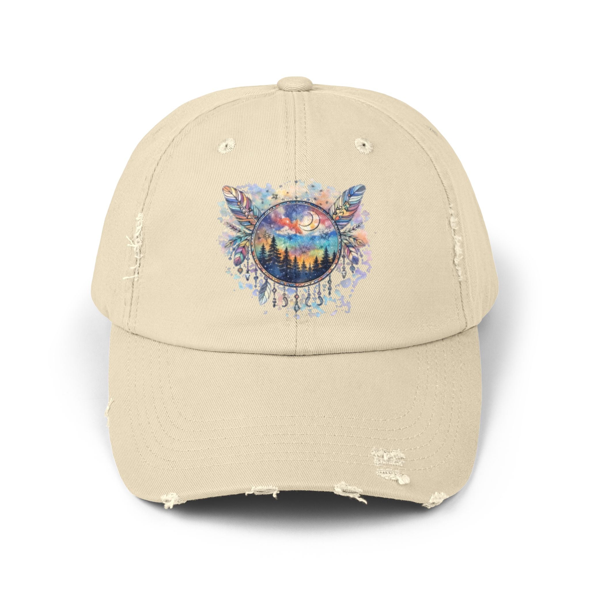 Wolf Moon Distressed Cap — Watercolor Nightscape Hat
