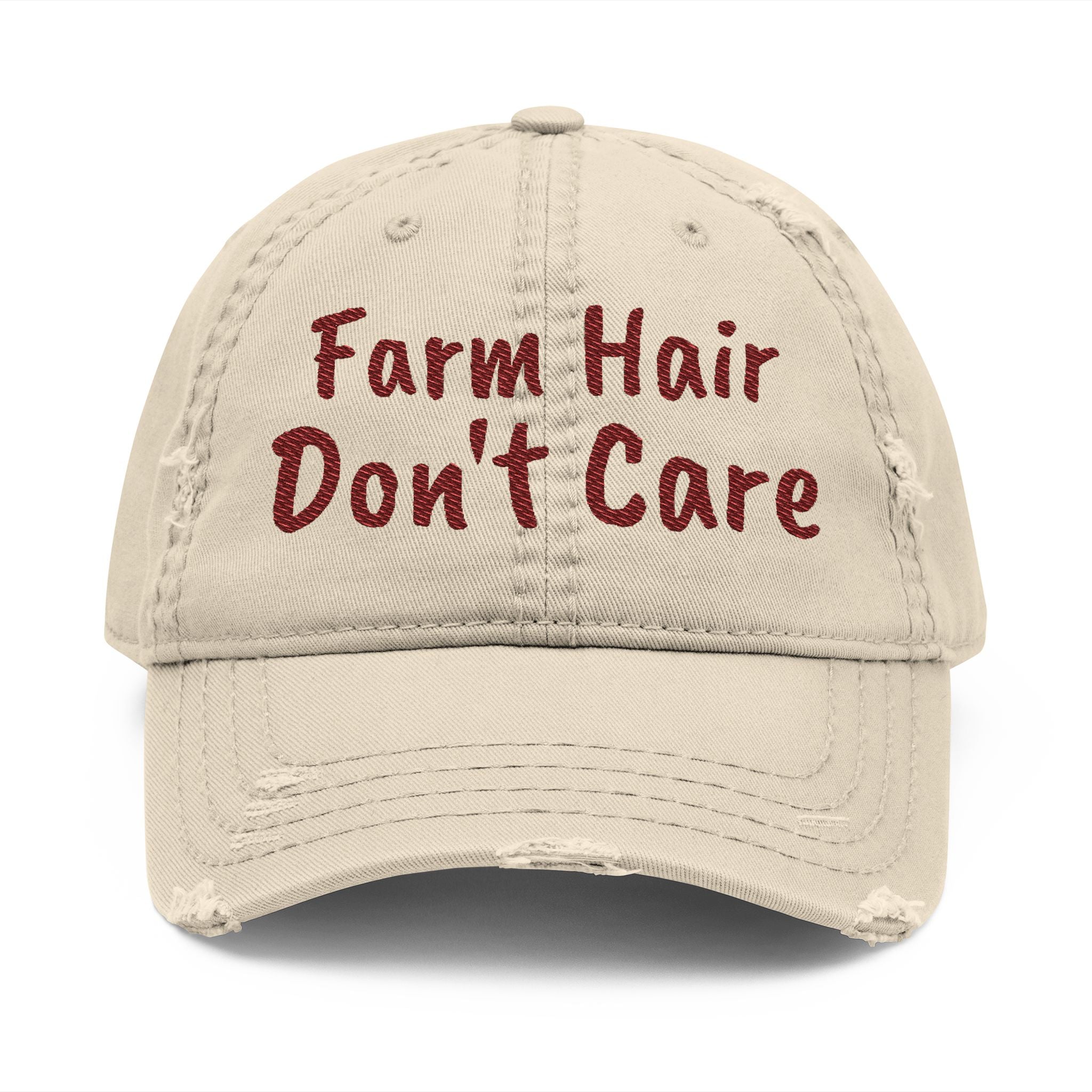 Distressed Dad Hat — "Farm Hair Don’t Care" Embroidered Cap