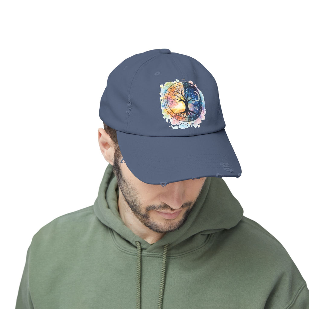 Distressed Cap — Watercolor Yin Yang Tree Baseball Hat