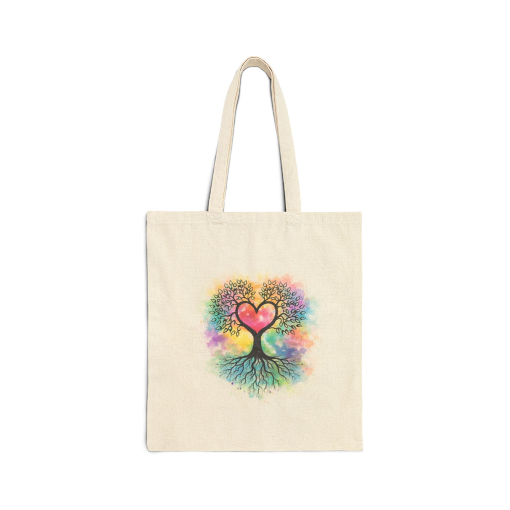 Rainbow Heart Tree Tote Bag | Cotton Canvas Tote, Boho Nature Design