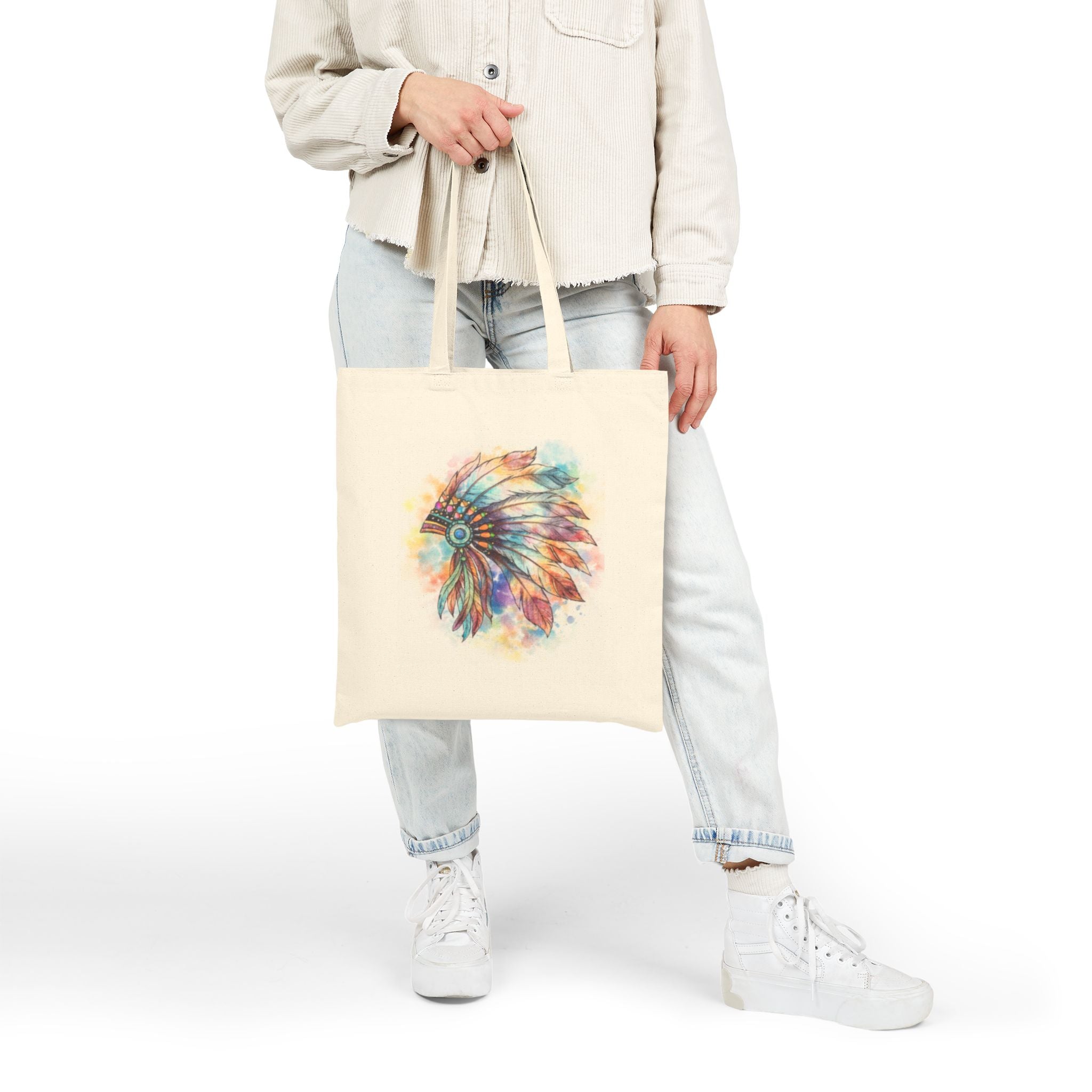 Watercolor Native Headdress Tote Bag | Feather Boho Canvas