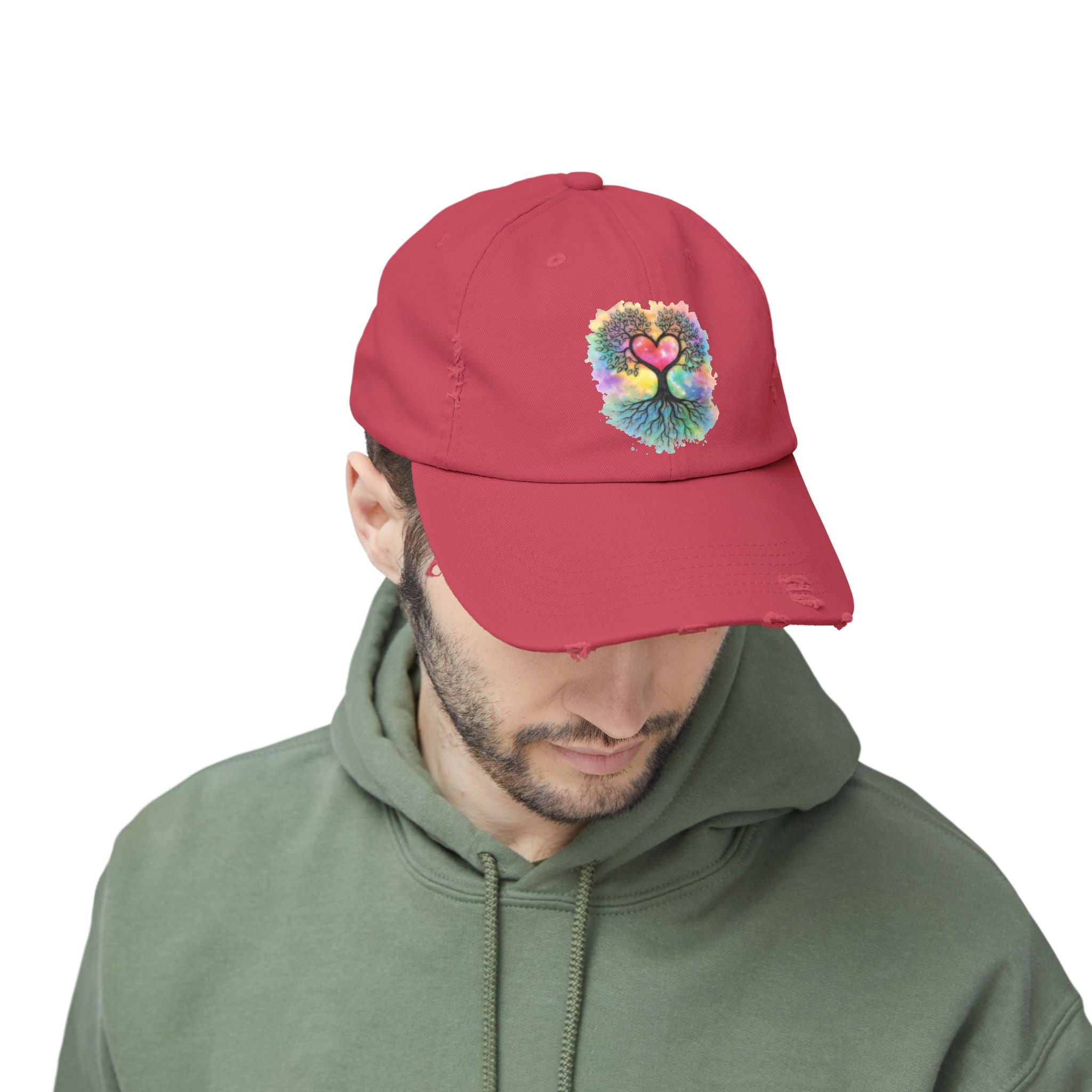 Distressed Dad Hat with Colorful Heart Tree Of Life  Design — Boho Love Cap