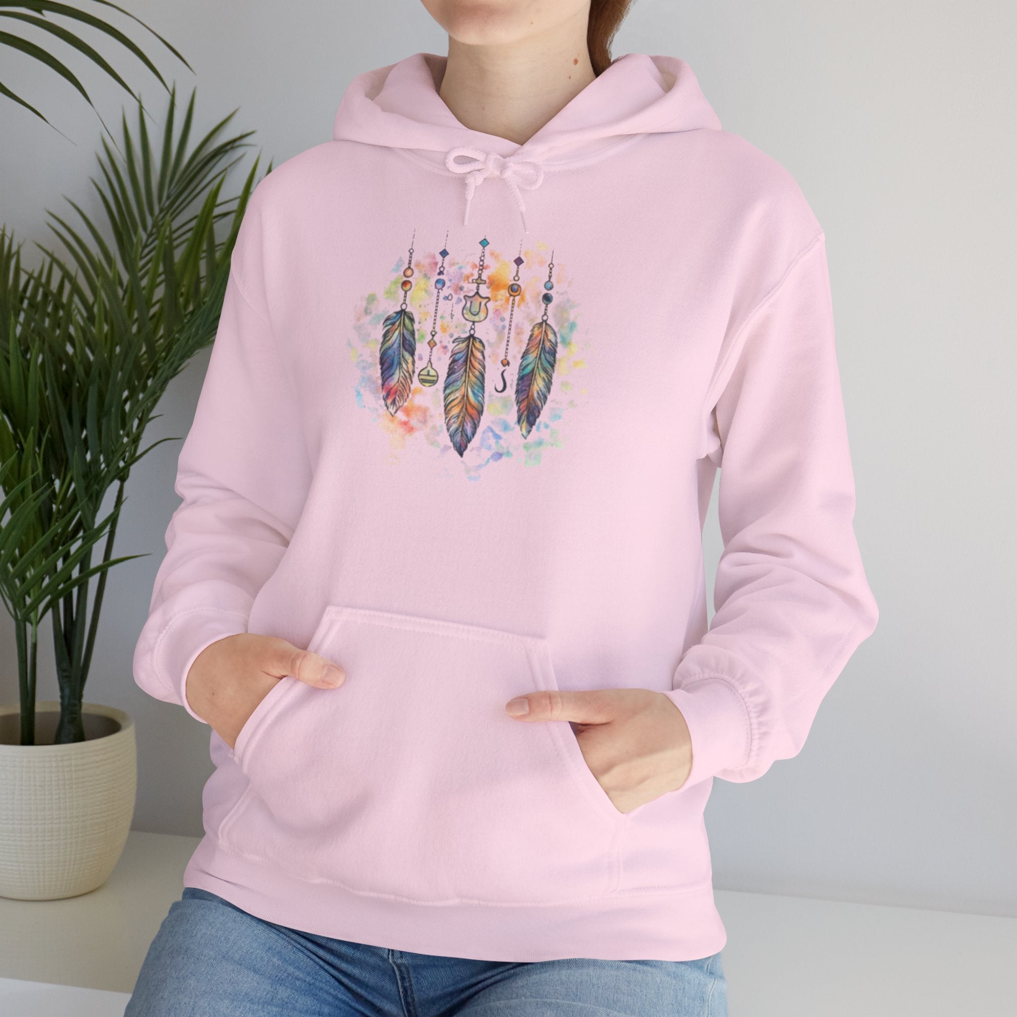 Boho Feather Dreamcatcher Hoodie — Watercolor Tribal Feathers Pullover