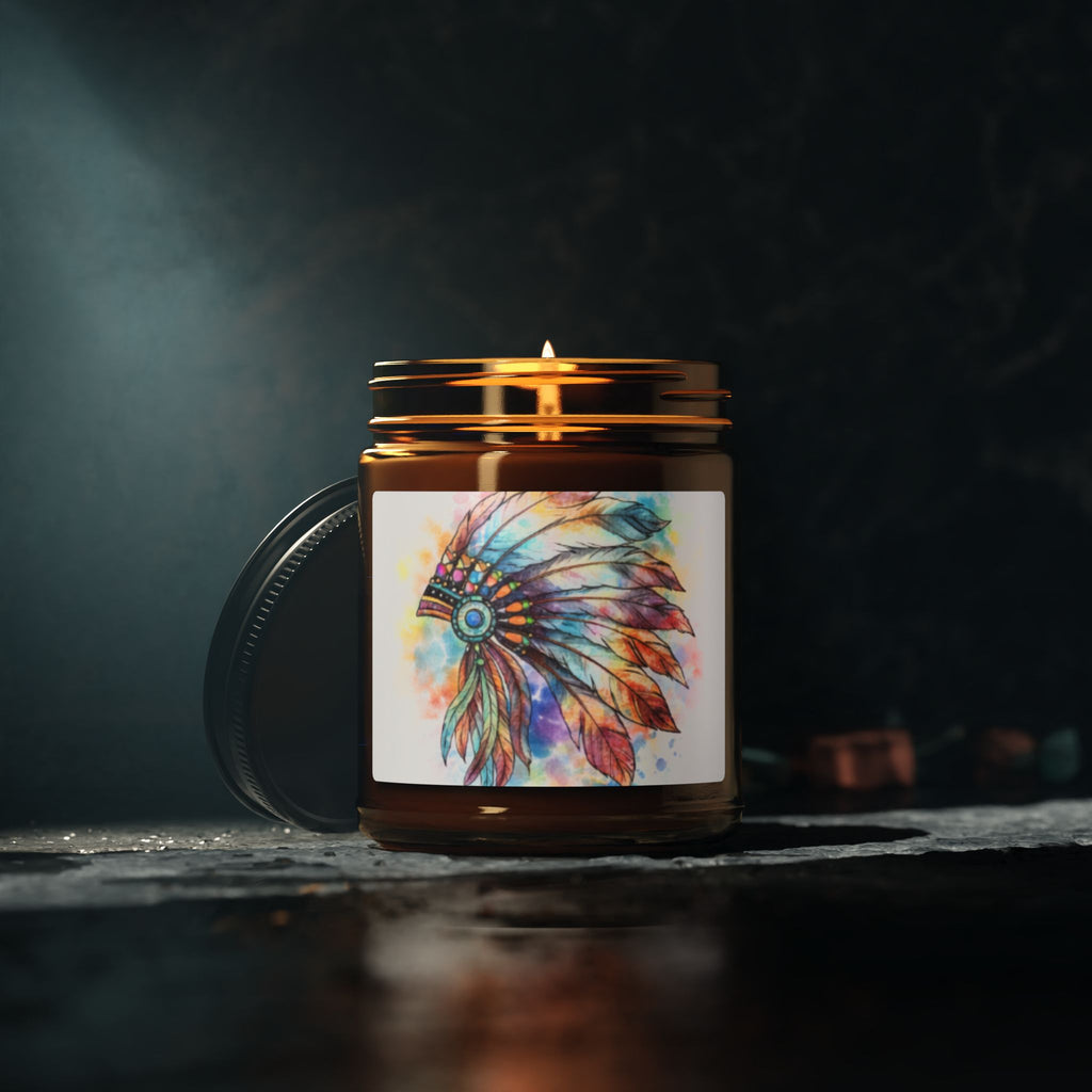 Watercolor Feather Headdress Soy Candle — Amber Jar (Scented)