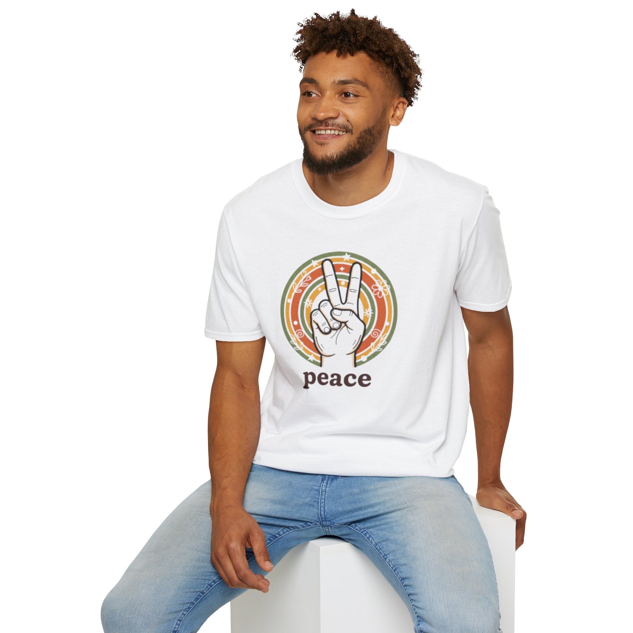 Peace Hand Sign T-Shirt | Retro Rainbow Circle, Vintage Hippie Vibe