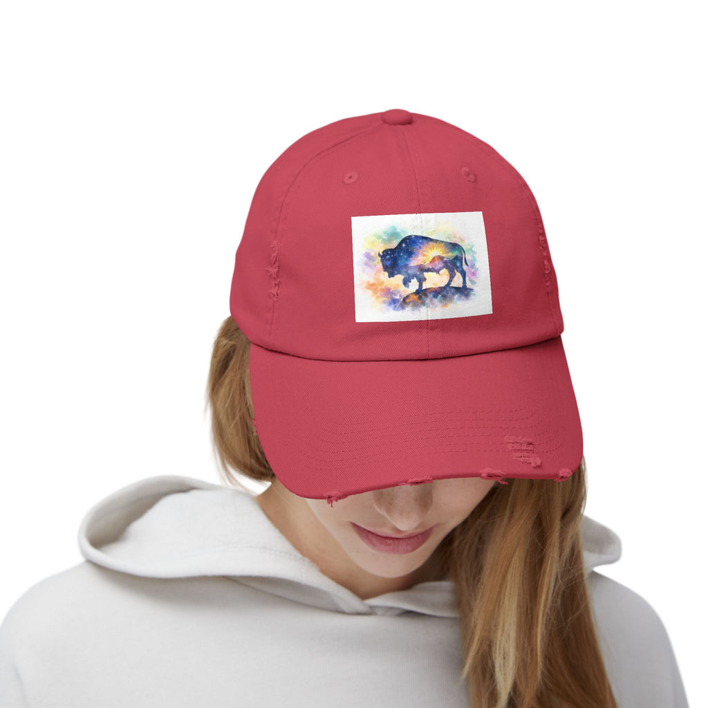 Distressed Buffalo Cap — Watercolor Bison Patch Hat
