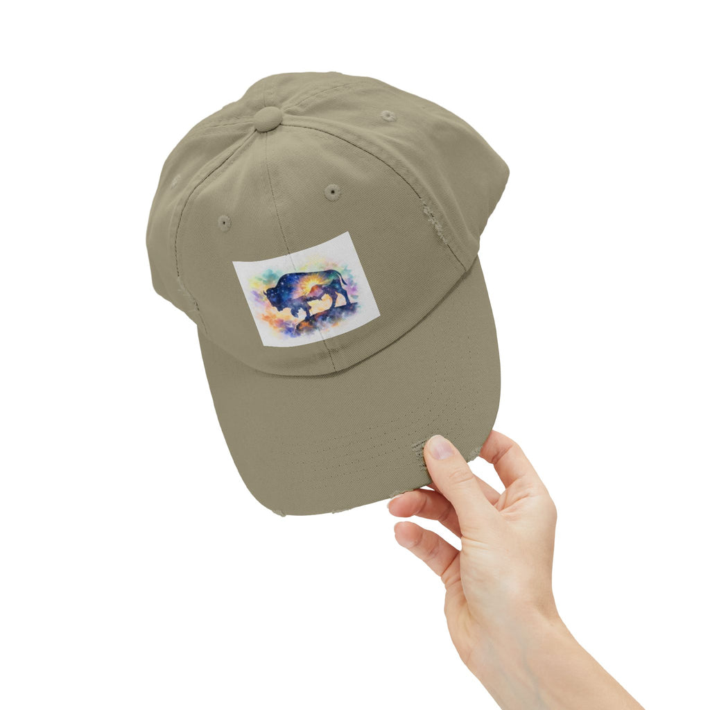 Distressed Buffalo Cap — Watercolor Bison Patch Hat