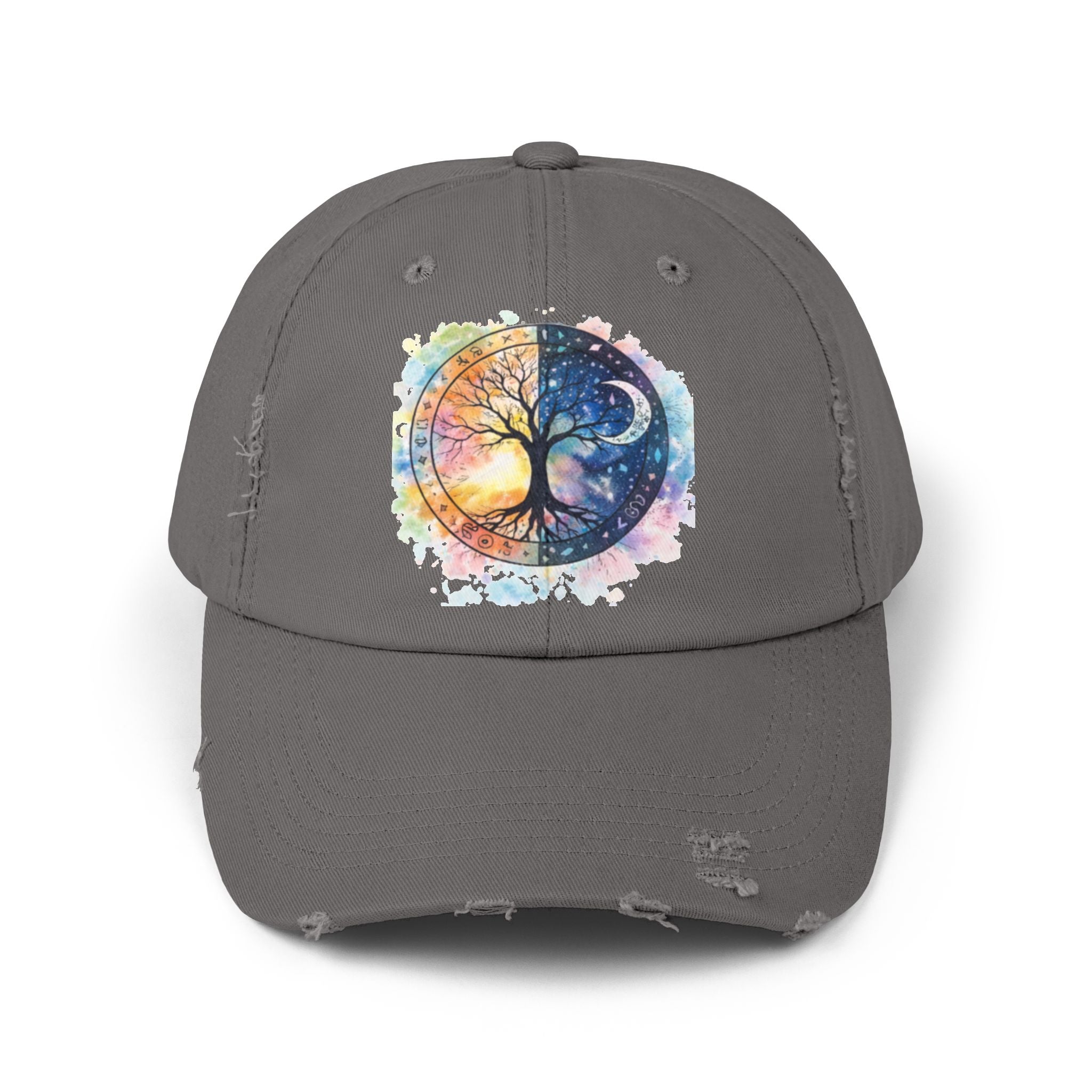 Distressed Cap — Watercolor Yin Yang Tree Baseball Hat