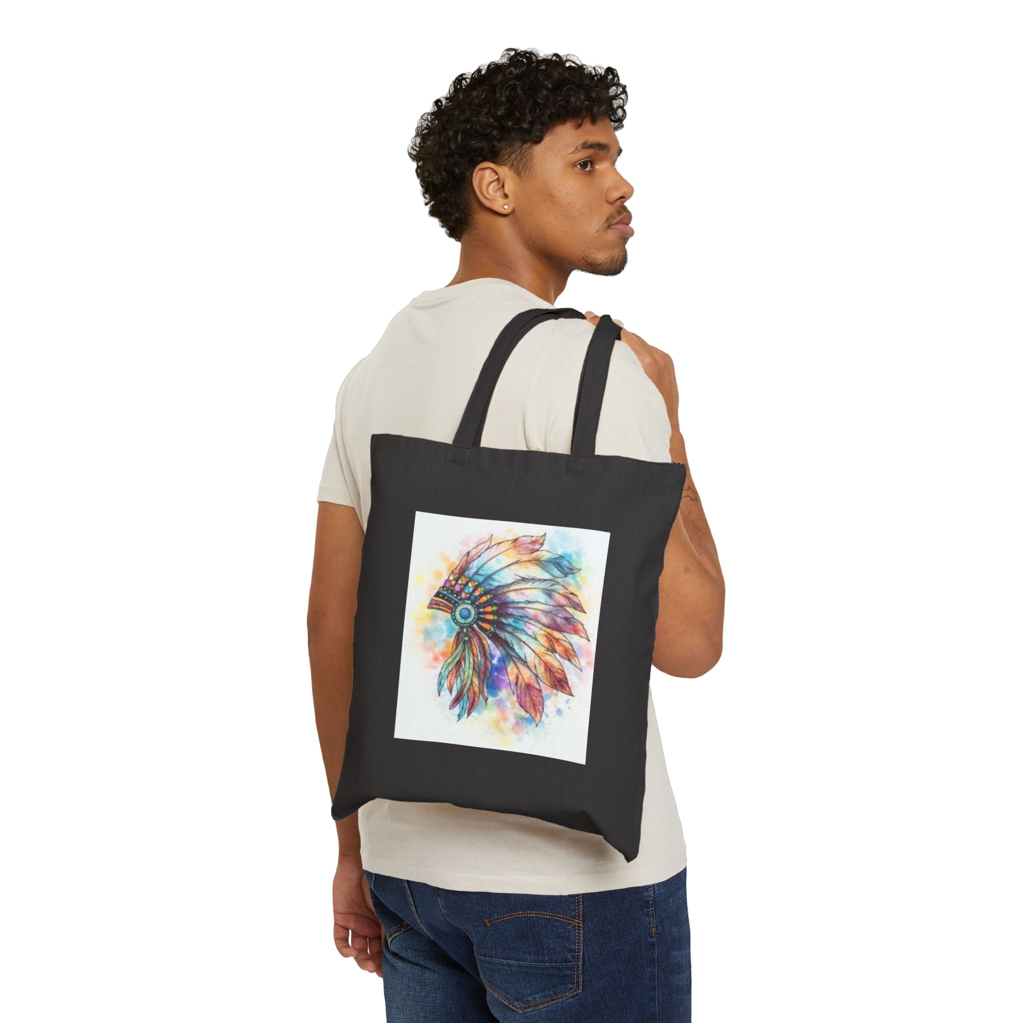 Watercolor Native Headdress Tote Bag | Feather Boho Canvas