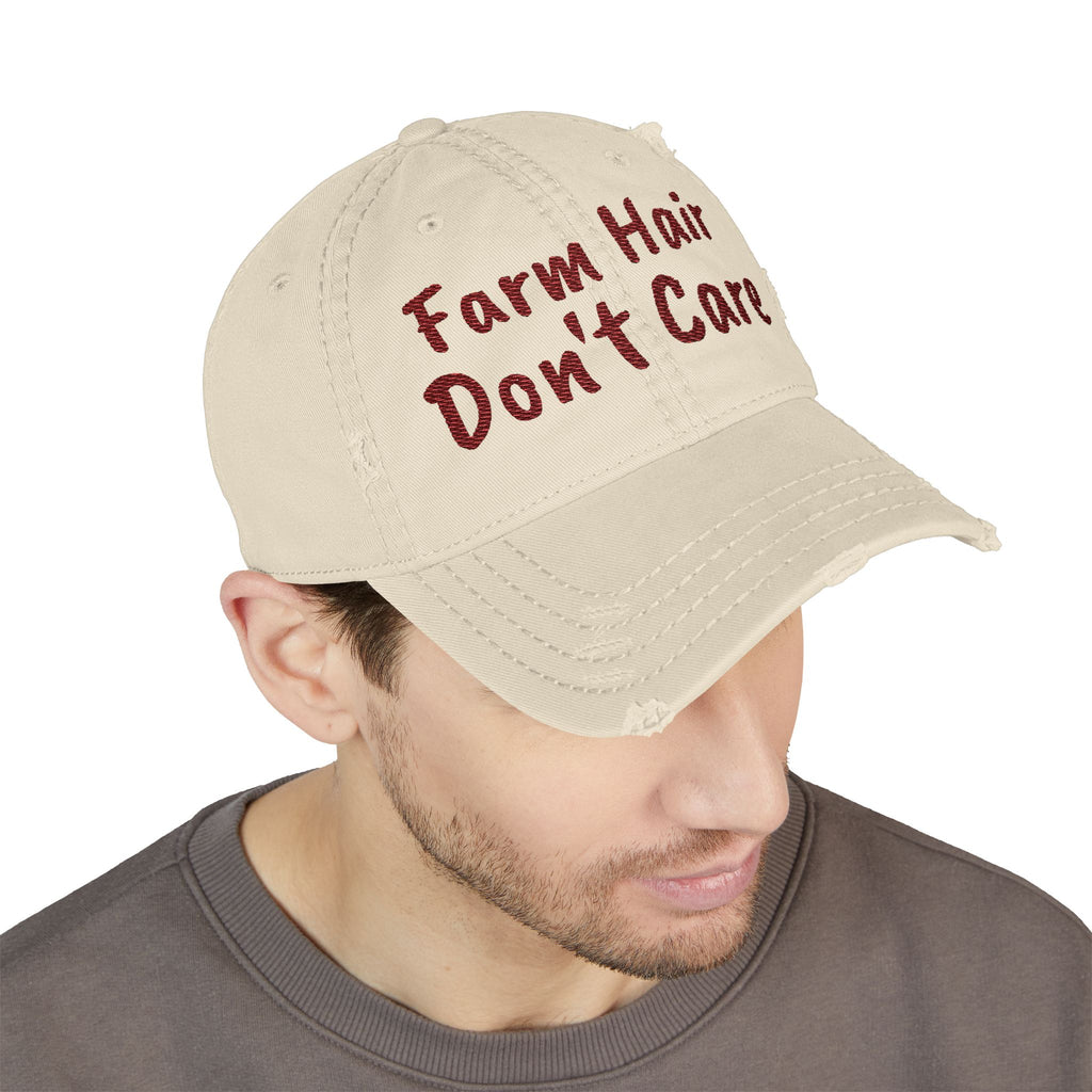 Distressed Dad Hat — "Farm Hair Don’t Care" Embroidered Cap