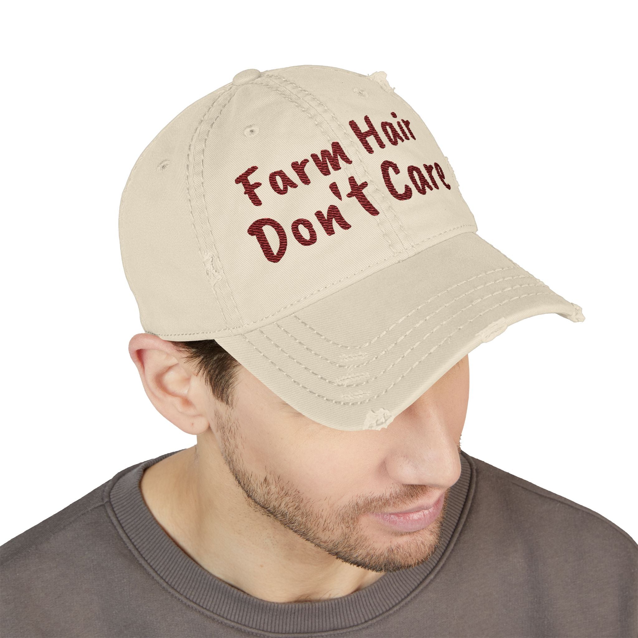 Distressed Dad Hat — "Farm Hair Don’t Care" Embroidered Cap