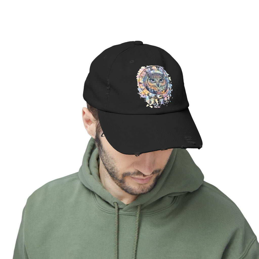 Watercolor Owl Distressed Unisex Hat