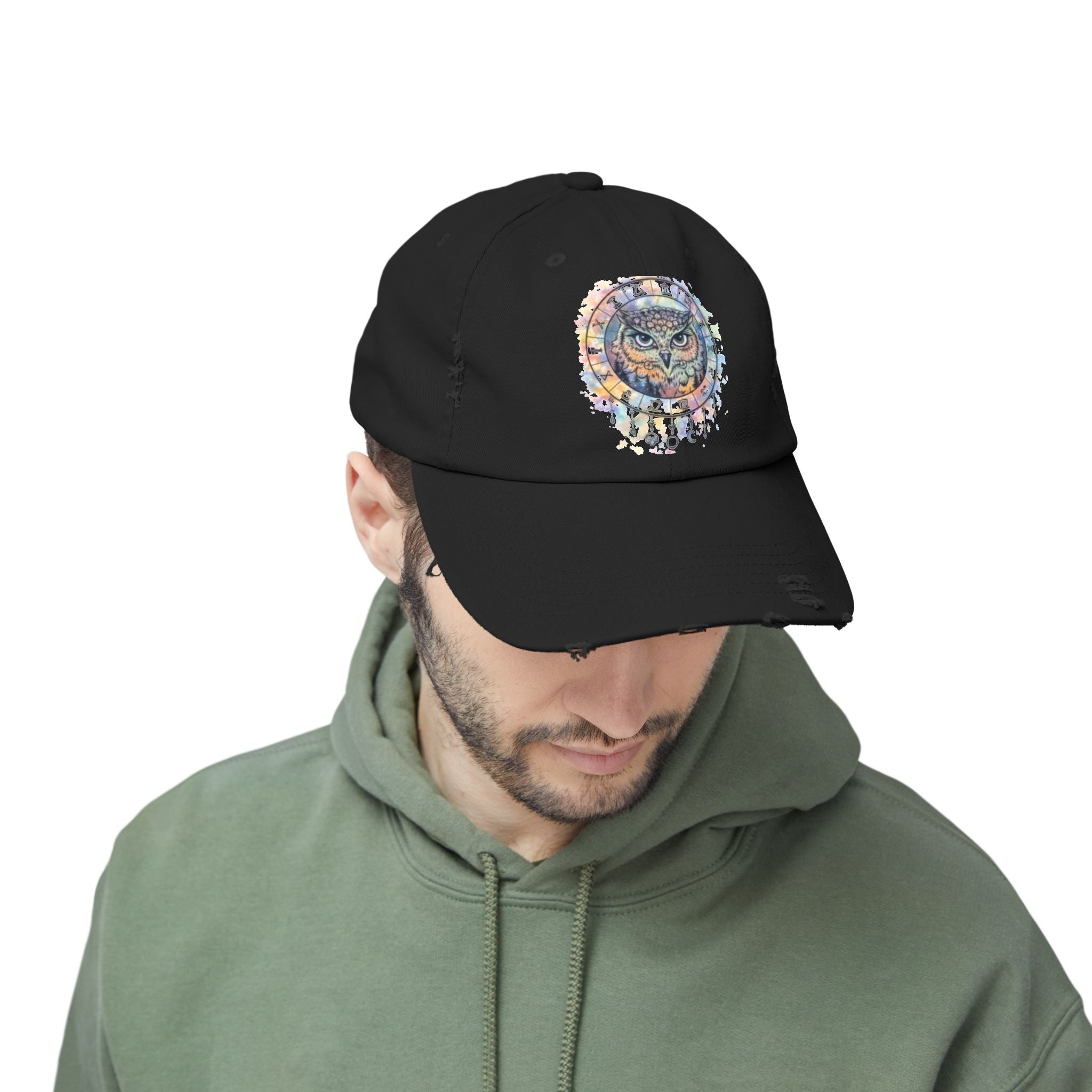 Watercolor Owl Distressed Unisex Hat
