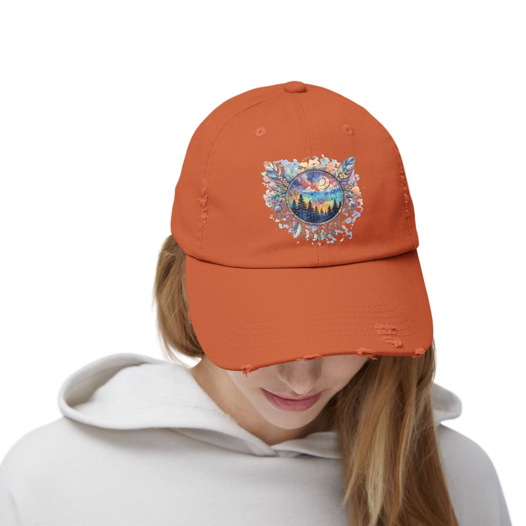 Wolf Moon Distressed Cap — Watercolor Nightscape Hat