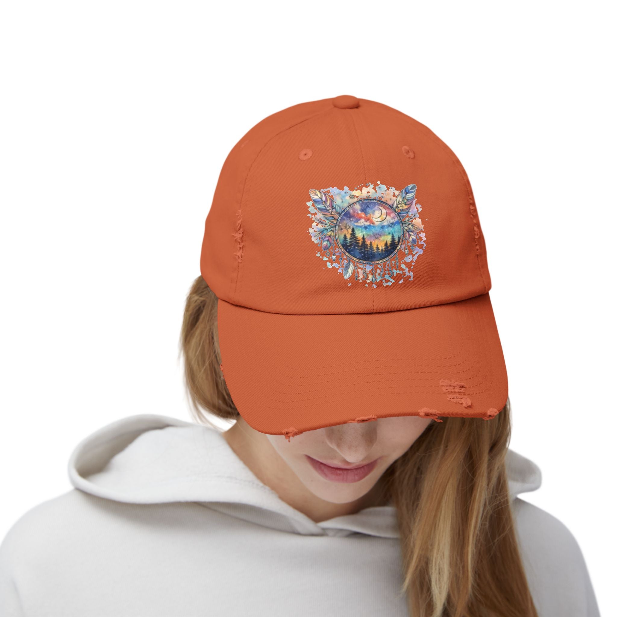 Wolf Moon Distressed Cap — Watercolor Nightscape Hat