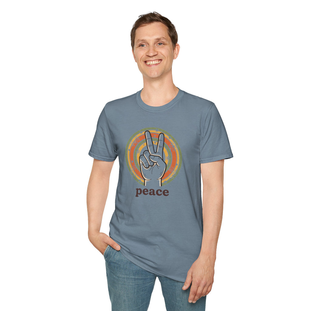 Peace Hand Sign T-Shirt | Retro Rainbow Circle, Vintage Hippie Vibe