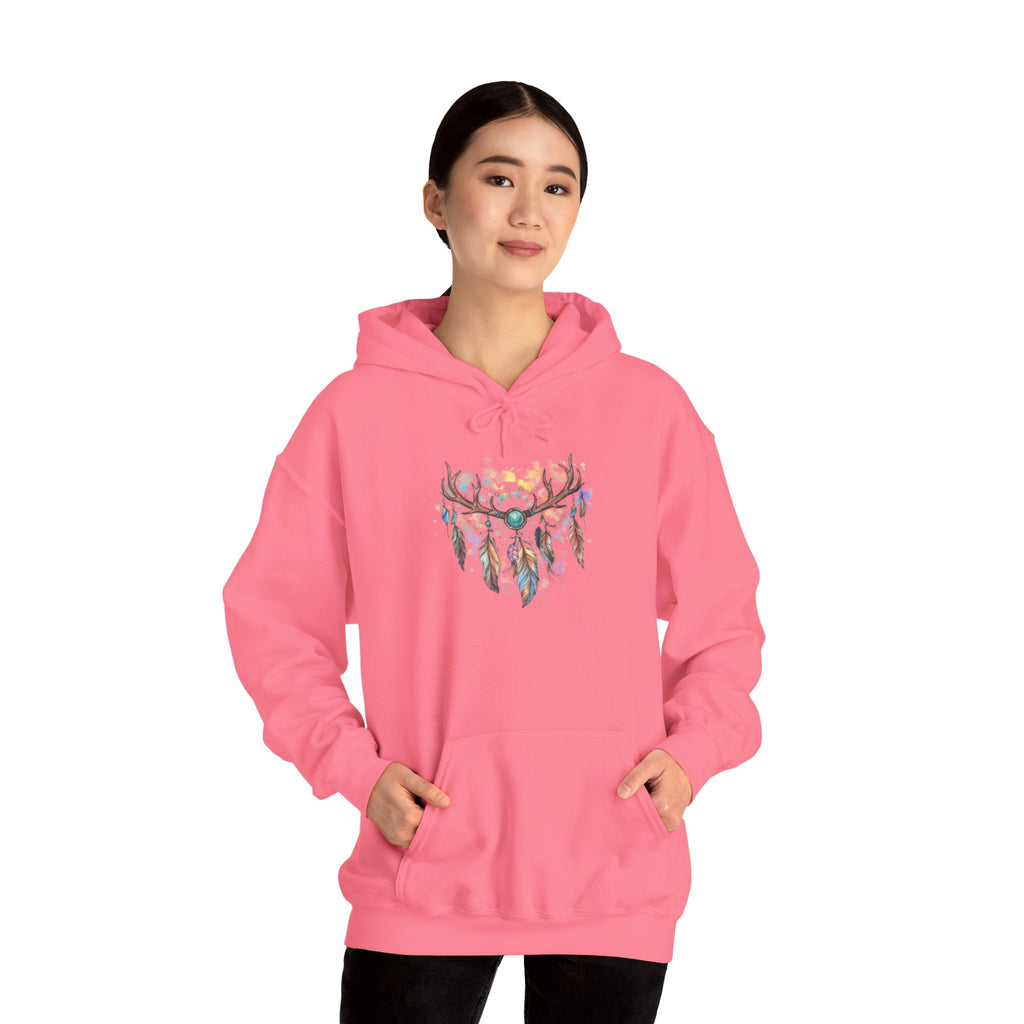 Dreamcatcher Antler Hoodie — Watercolor Feathers & Floral Boho Sweatshirt