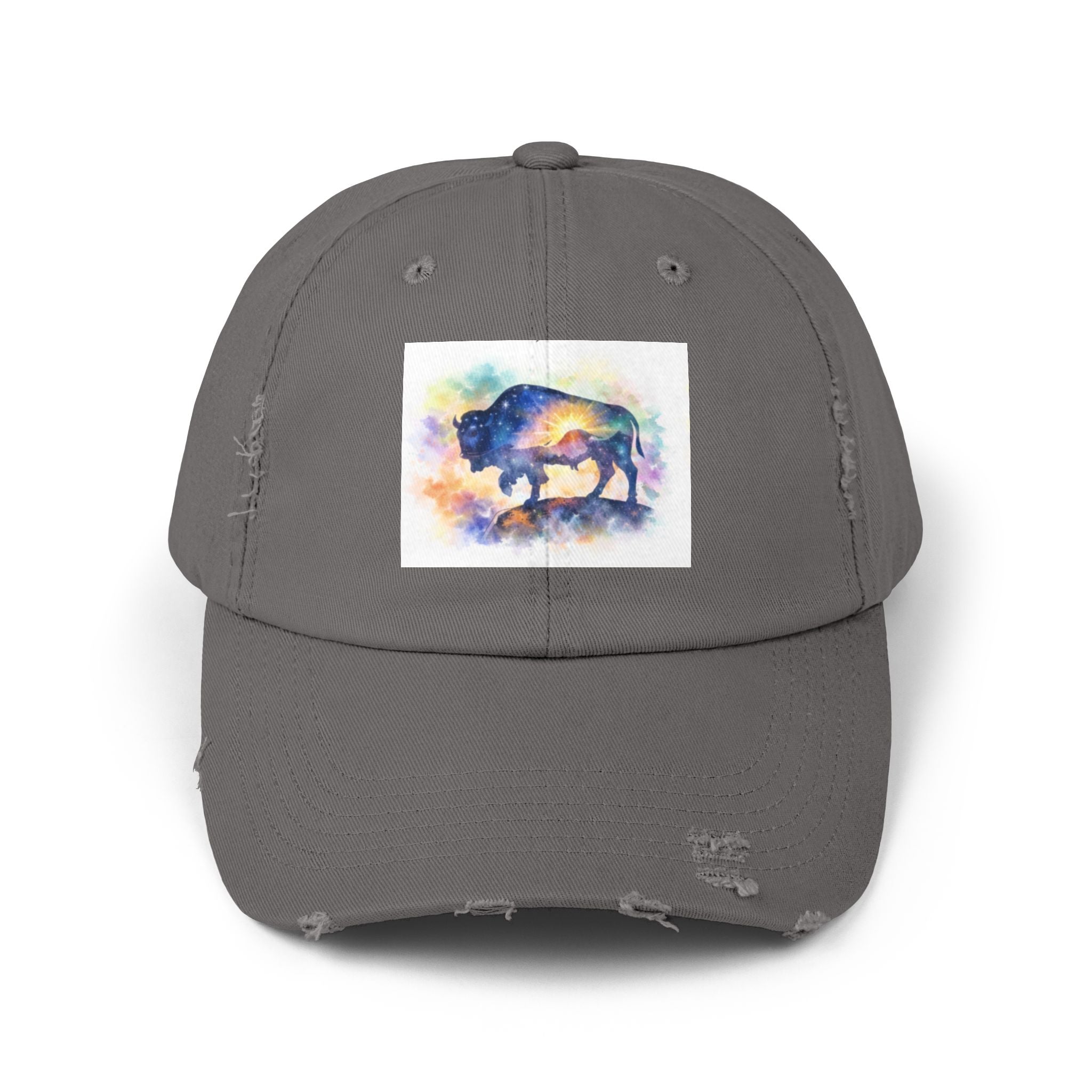 Distressed Buffalo Cap — Watercolor Bison Patch Hat