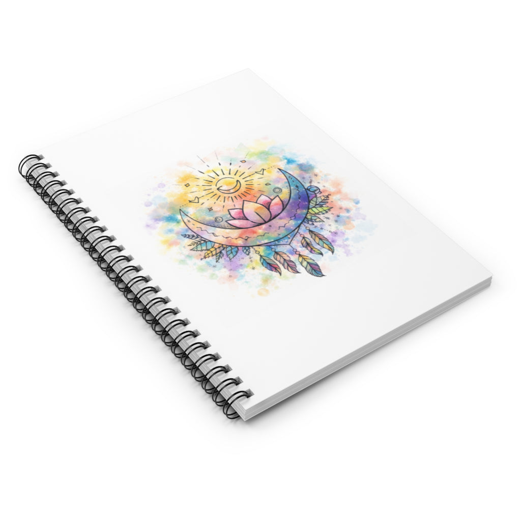 Watercolor Crescent Moon Lotus spiral notebook | ruled journal, boho dreamcatcher design