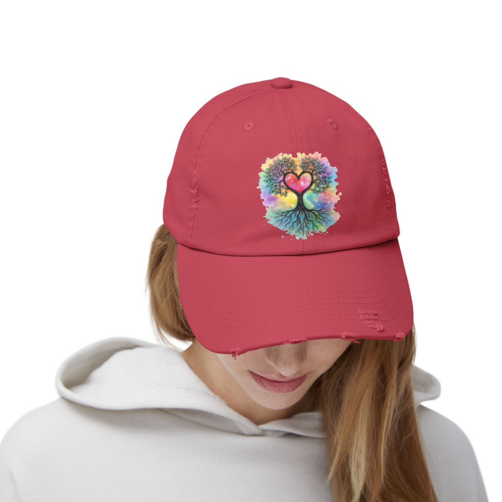 Distressed Dad Hat with Colorful Heart Tree Of Life  Design — Boho Love Cap