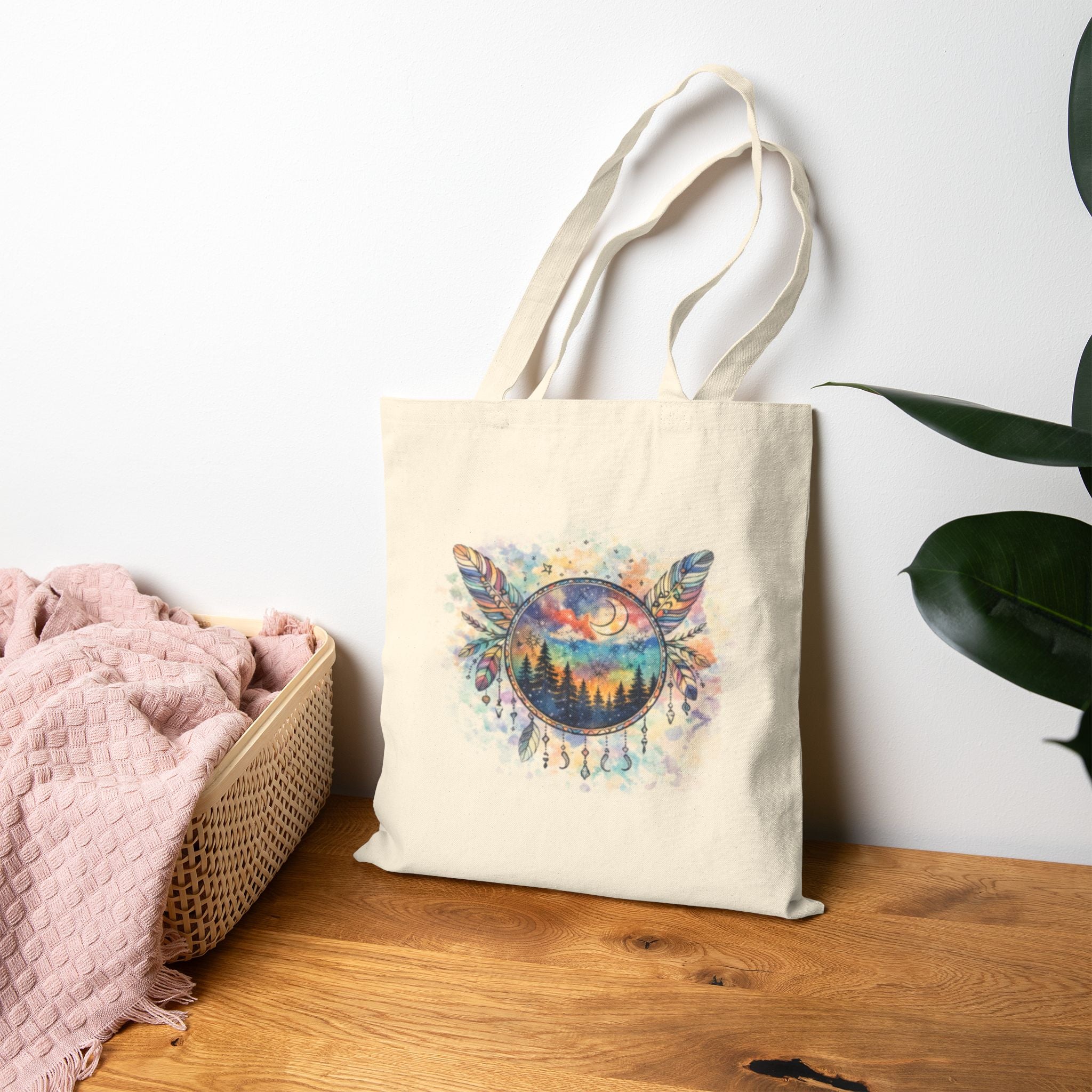 Watercolor Dreamcatcher Tote Bag | Forest Sunset Boho Canvas Tote