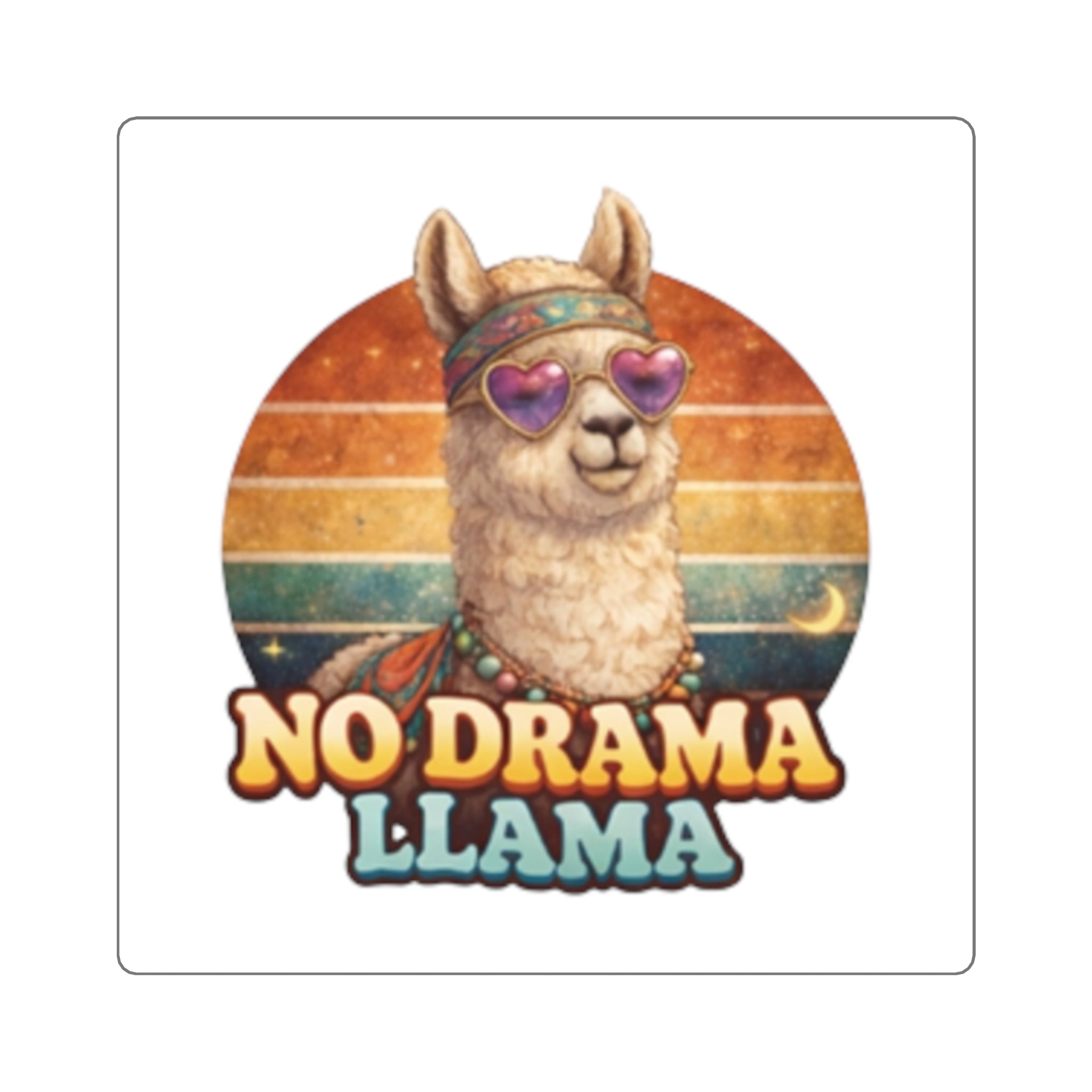 No Drama Llama Square Sticker — Retro Hippie Alpaca Decal