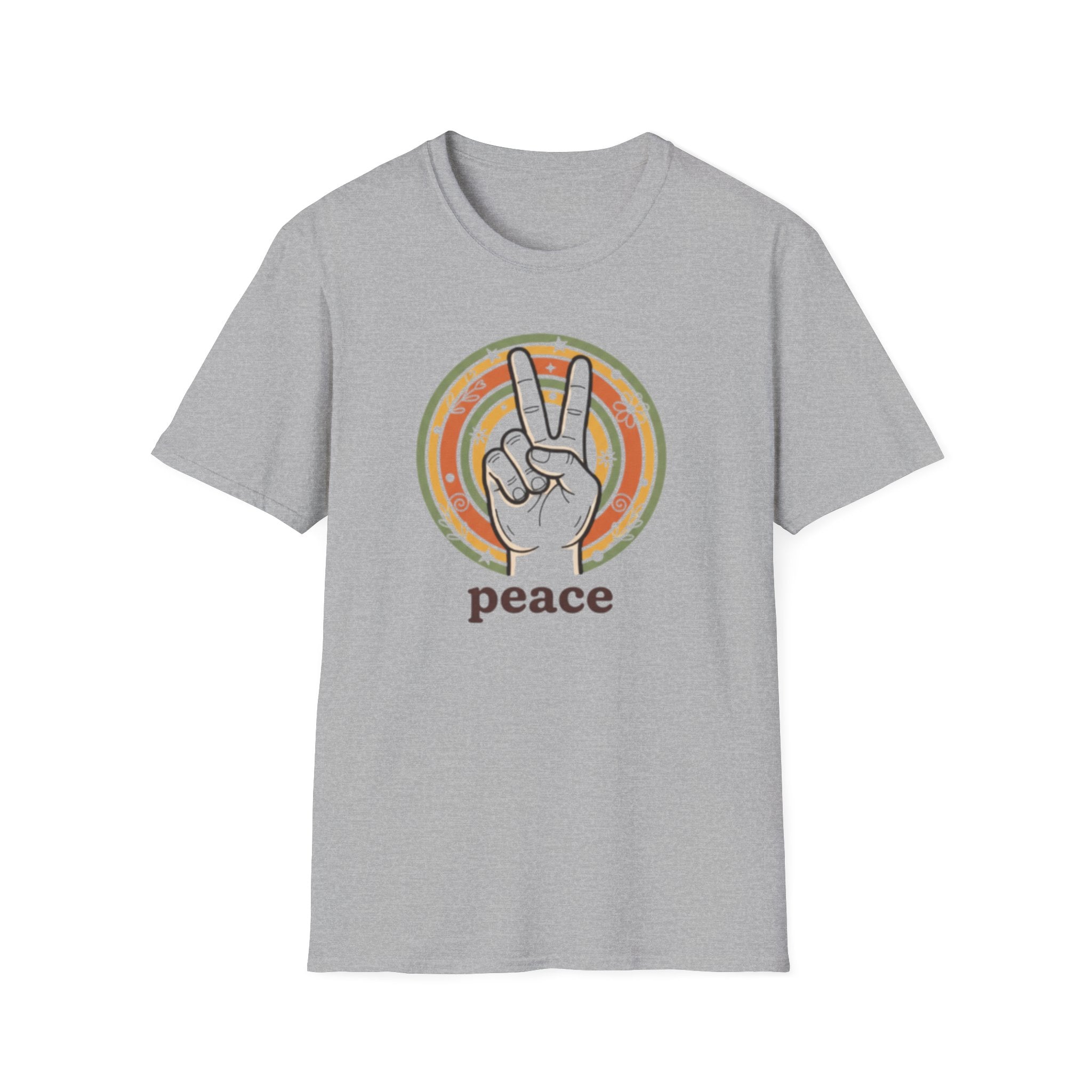 Peace Hand Sign T-Shirt | Retro Rainbow Circle, Vintage Hippie Vibe