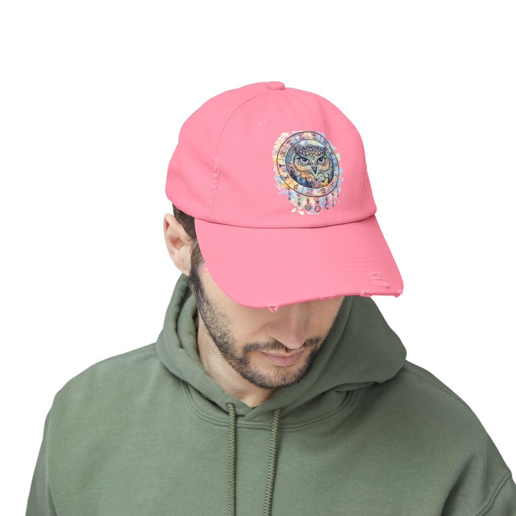 Watercolor Owl Distressed Unisex Hat