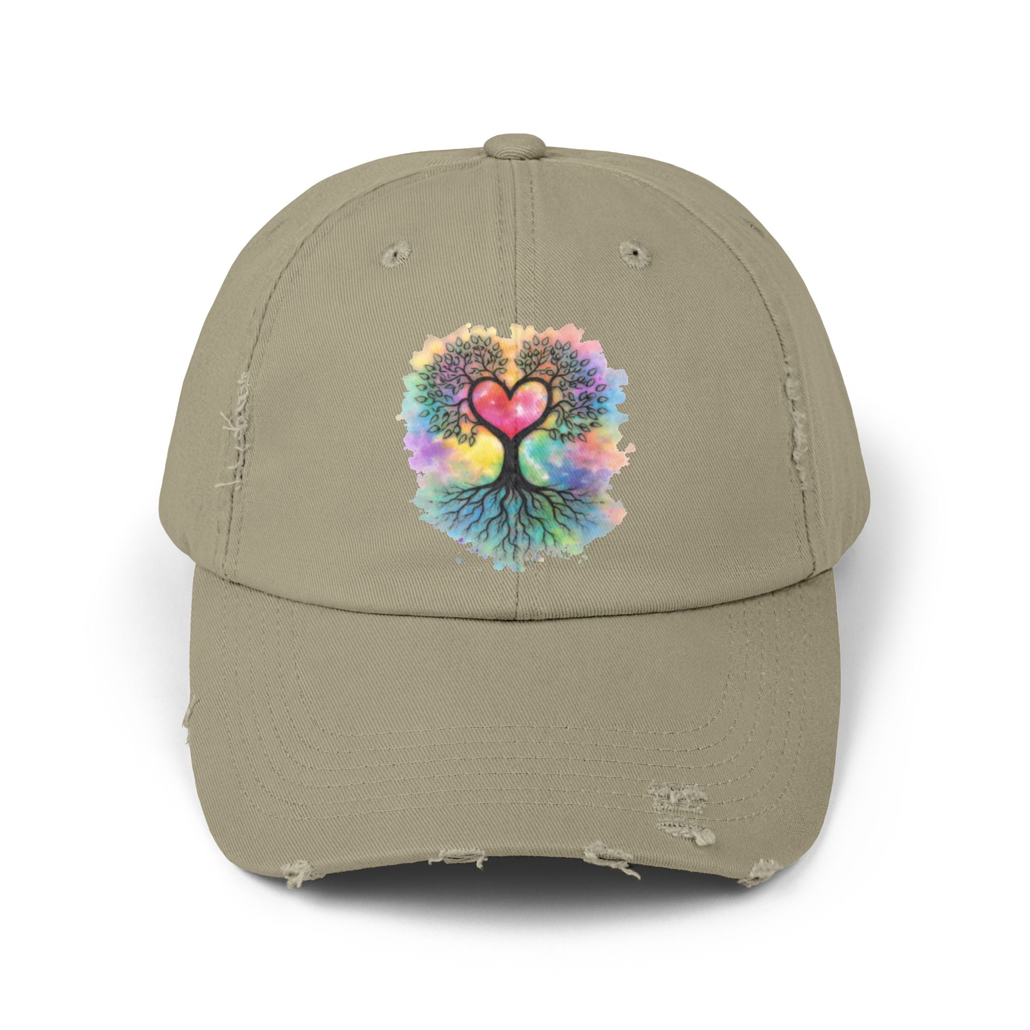 Distressed Dad Hat with Colorful Heart Tree Of Life  Design — Boho Love Cap