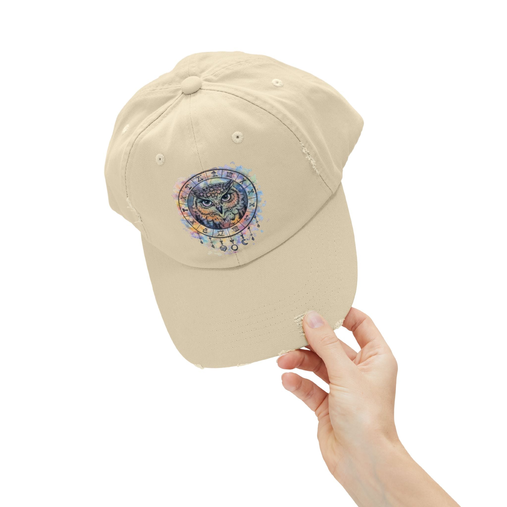 Watercolor Owl Distressed Unisex Hat