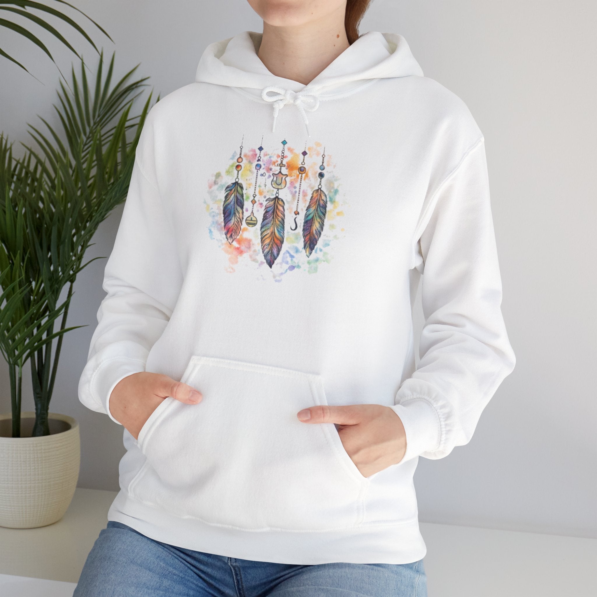 Boho Feather Dreamcatcher Hoodie — Watercolor Tribal Feathers Pullover