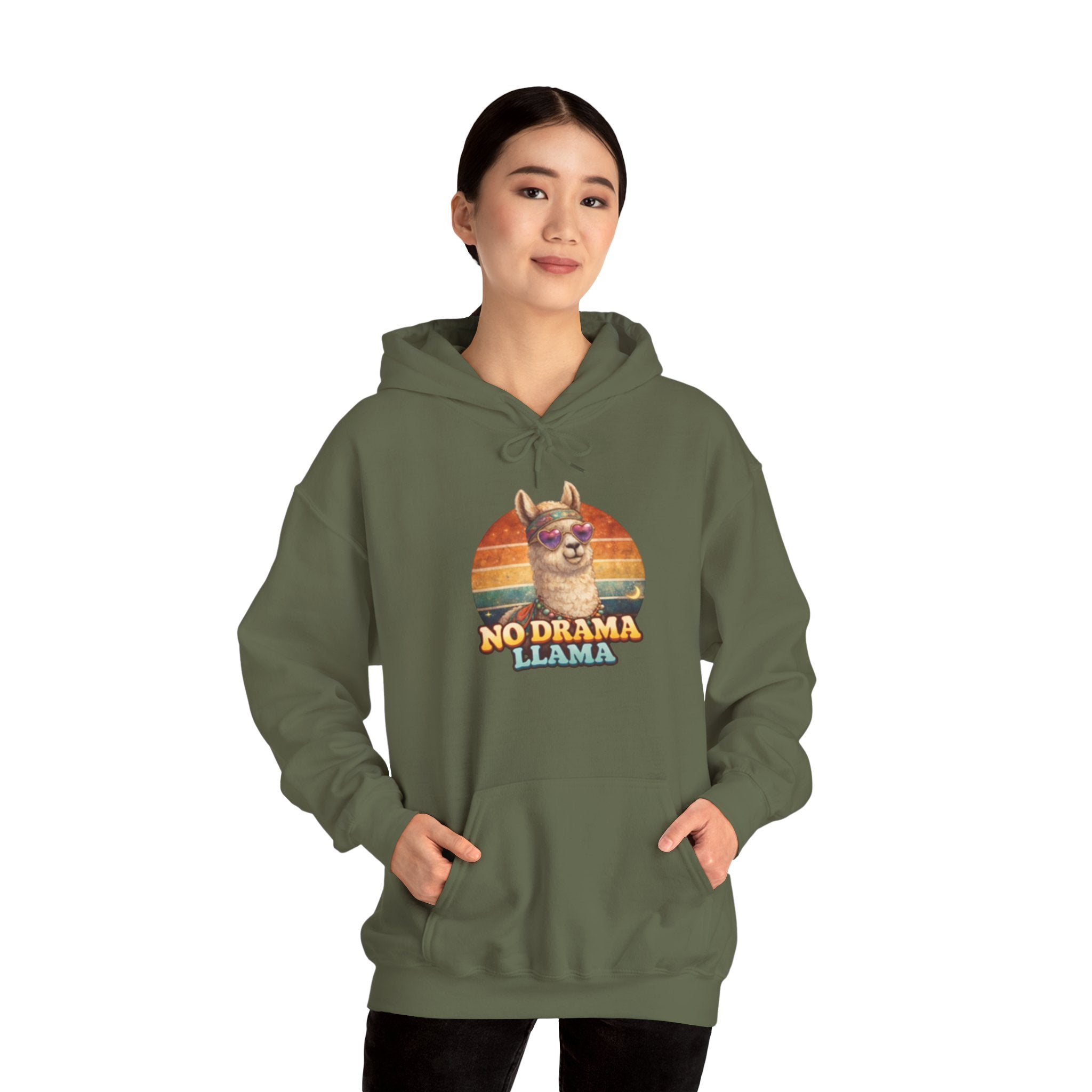 No Drama Llama Hoodie – Retro Sunset Graphic Pullover