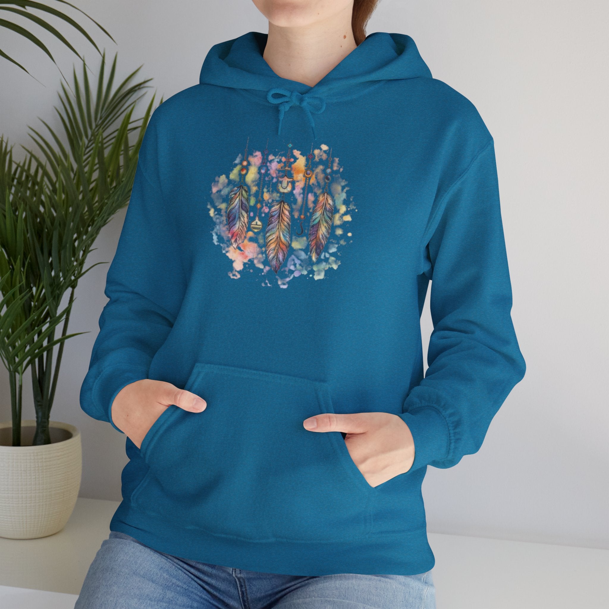 Boho Feather Dreamcatcher Hoodie — Watercolor Tribal Feathers Pullover