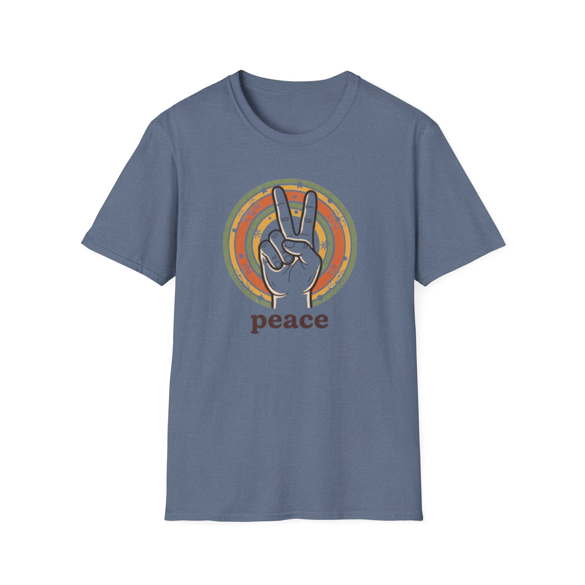 Peace Hand Sign T-Shirt | Retro Rainbow Circle, Vintage Hippie Vibe