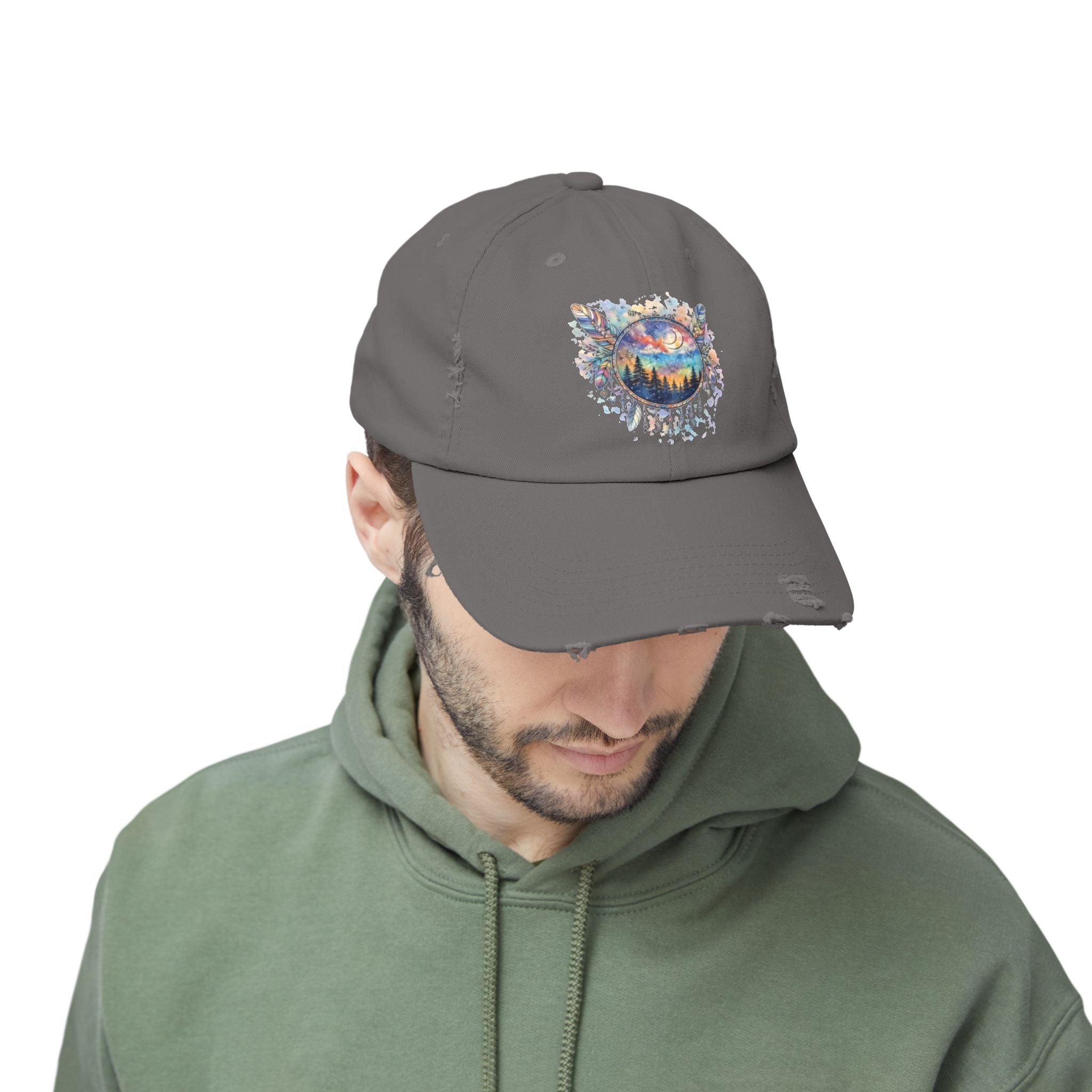 Wolf Moon Distressed Cap — Watercolor Nightscape Hat