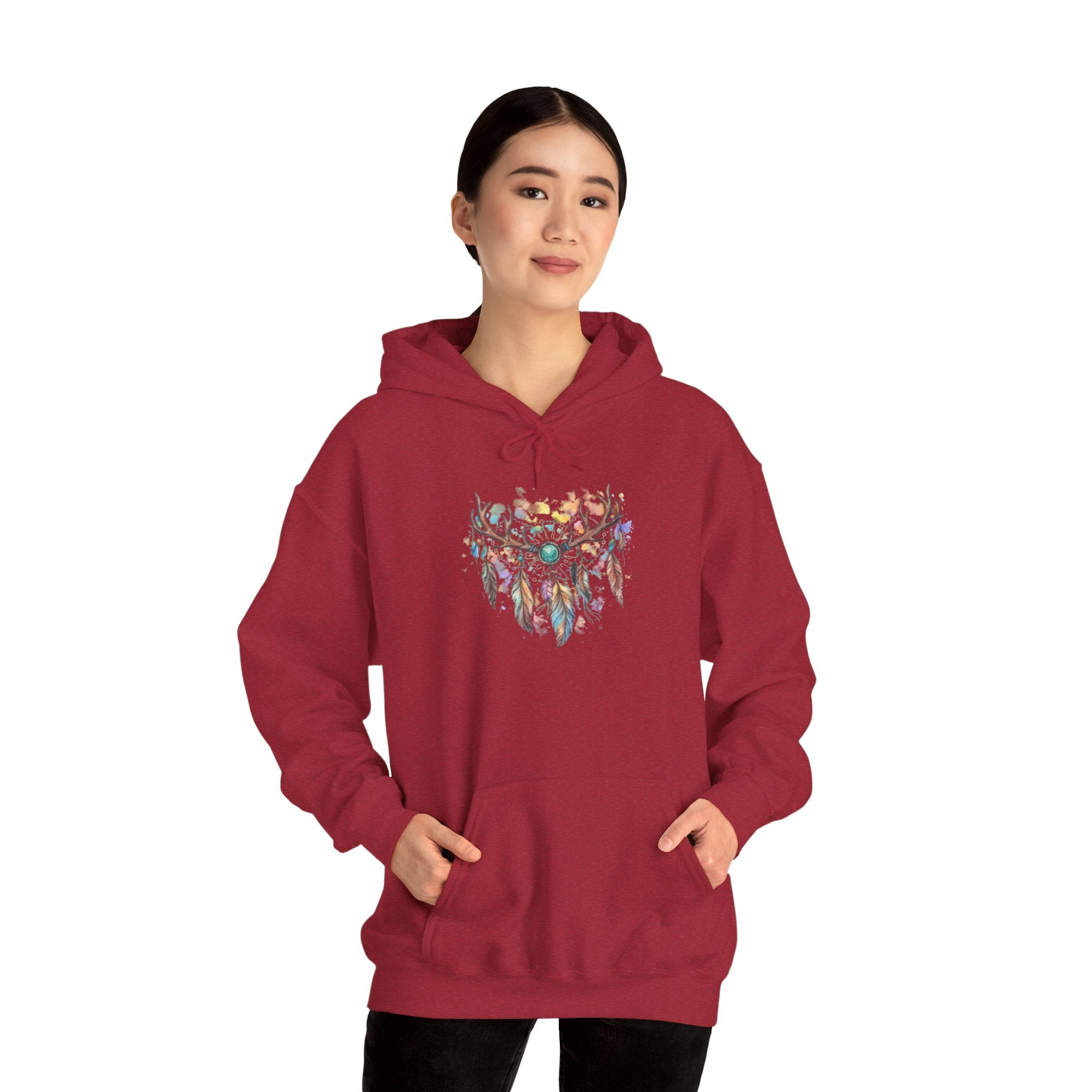 Dreamcatcher Antler Hoodie — Watercolor Feathers & Floral Boho Sweatshirt