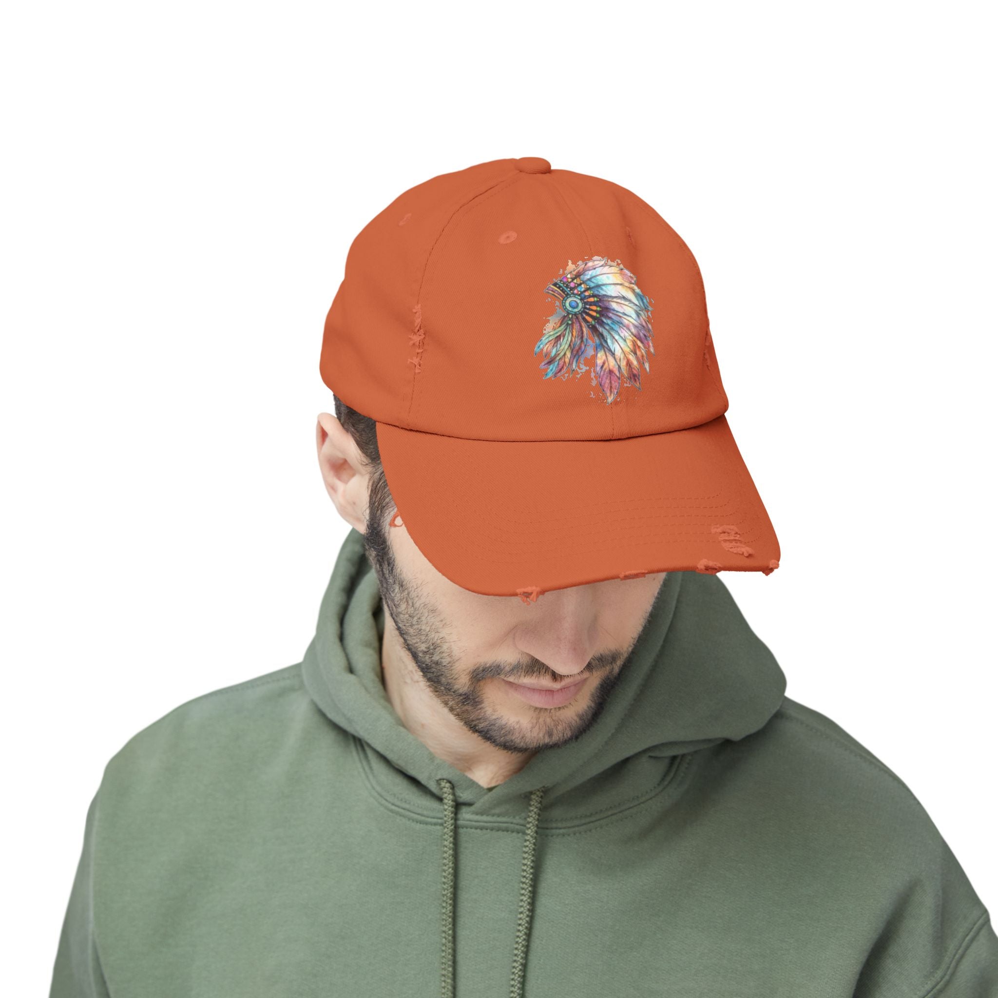 Distressed Cap with Colorful Watercolor Native Feather Headdress