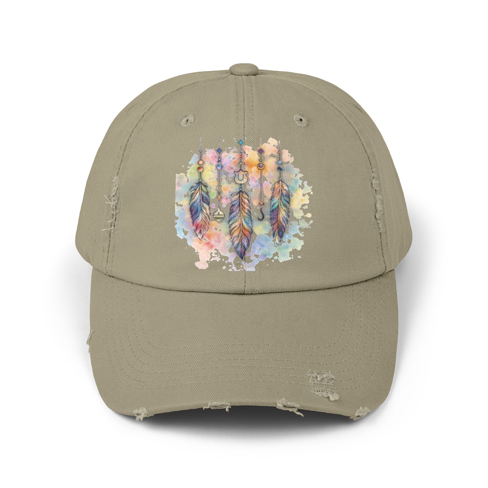 Distressed Cap with Watercolor Dreamcatcher Design