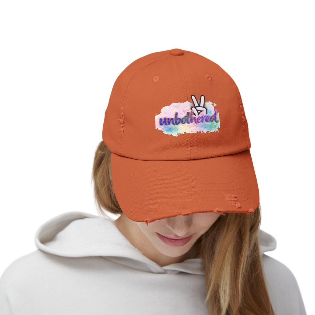 Unbothered Distressed Cap — Pastel Peace Sign Baseball Hat