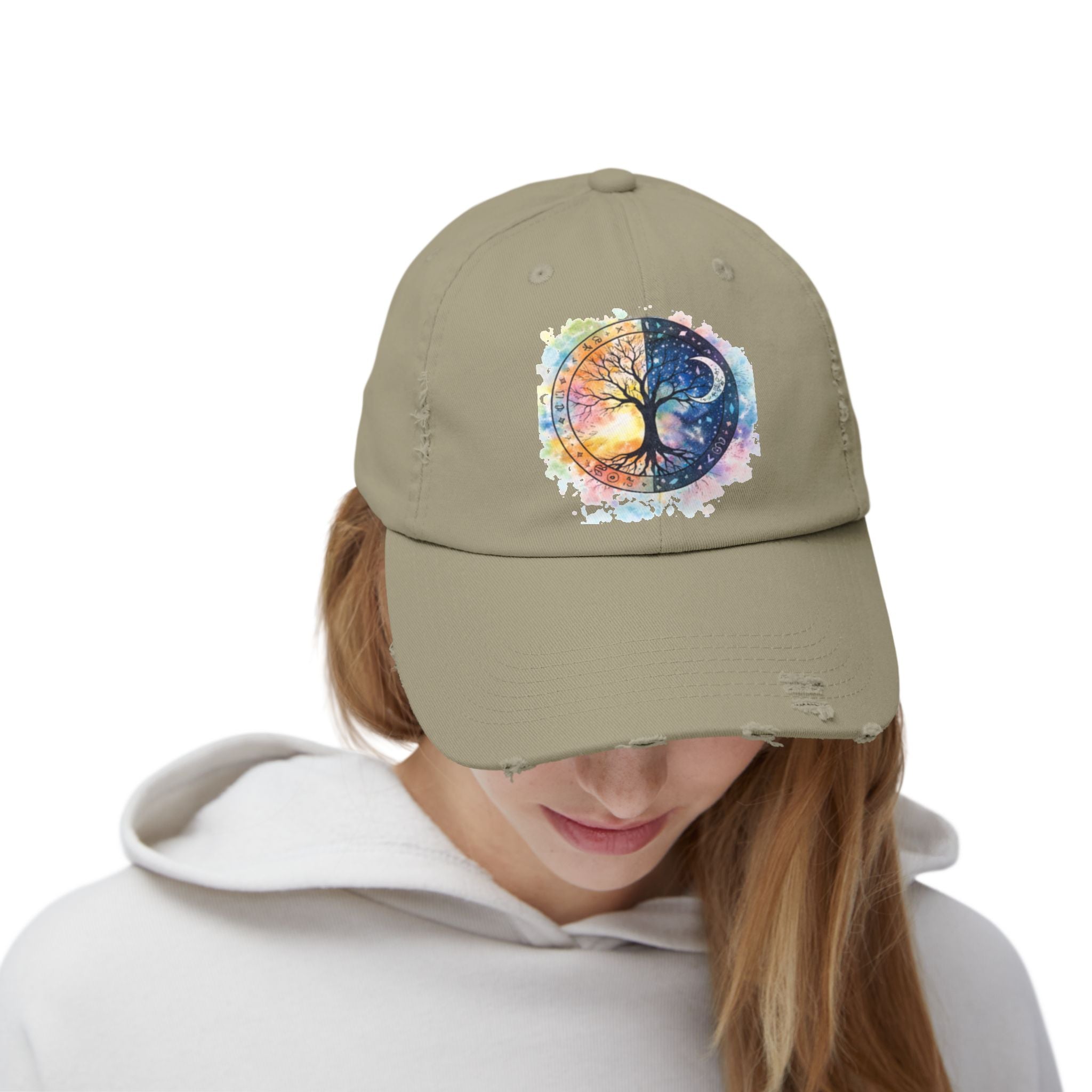 Distressed Cap — Watercolor Yin Yang Tree Baseball Hat
