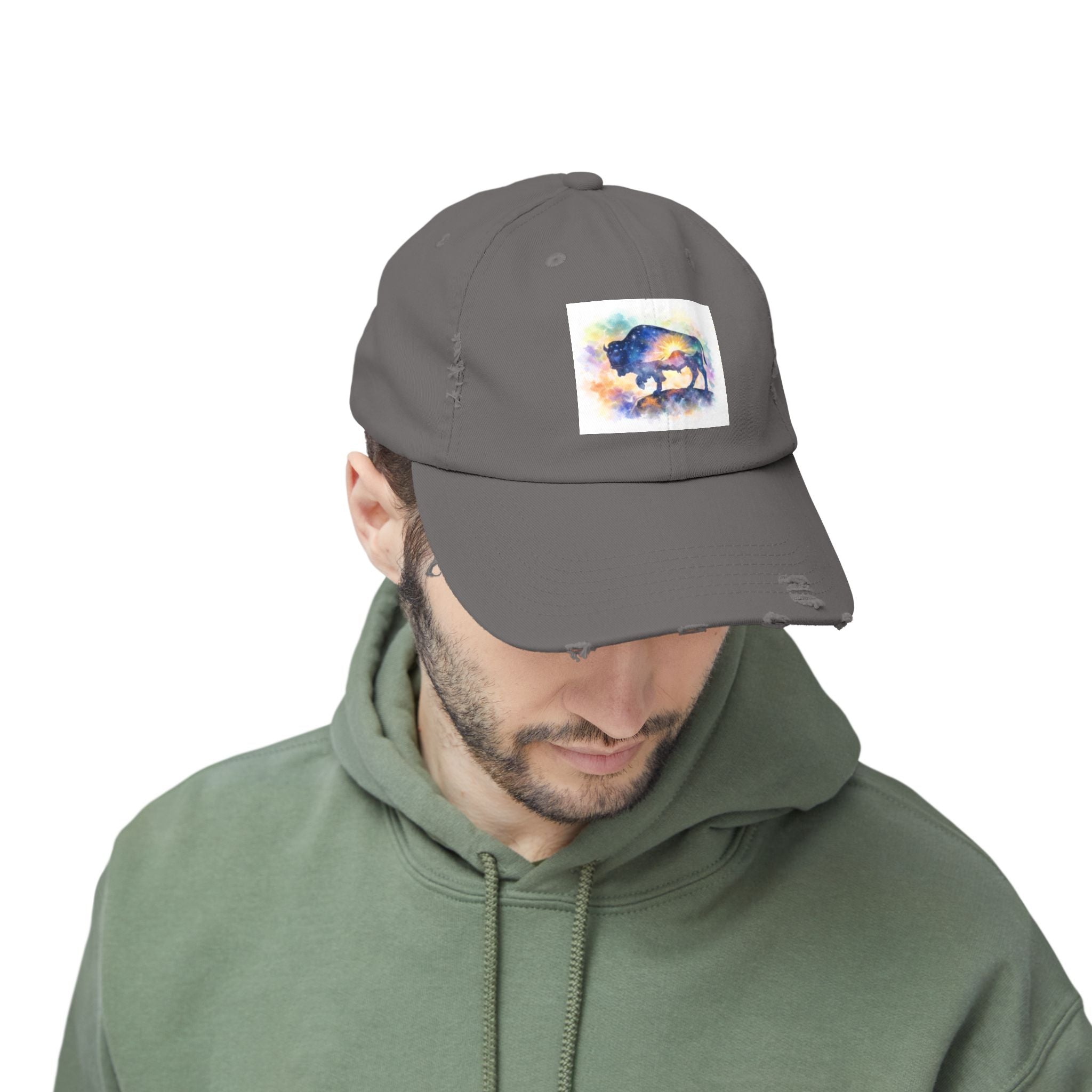 Distressed Buffalo Cap — Watercolor Bison Patch Hat