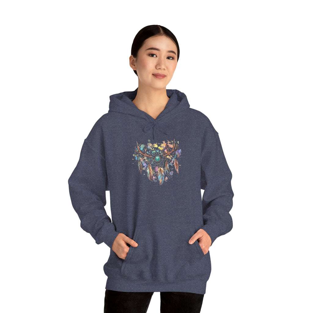 Dreamcatcher Antler Hoodie — Watercolor Feathers & Floral Boho Sweatshirt