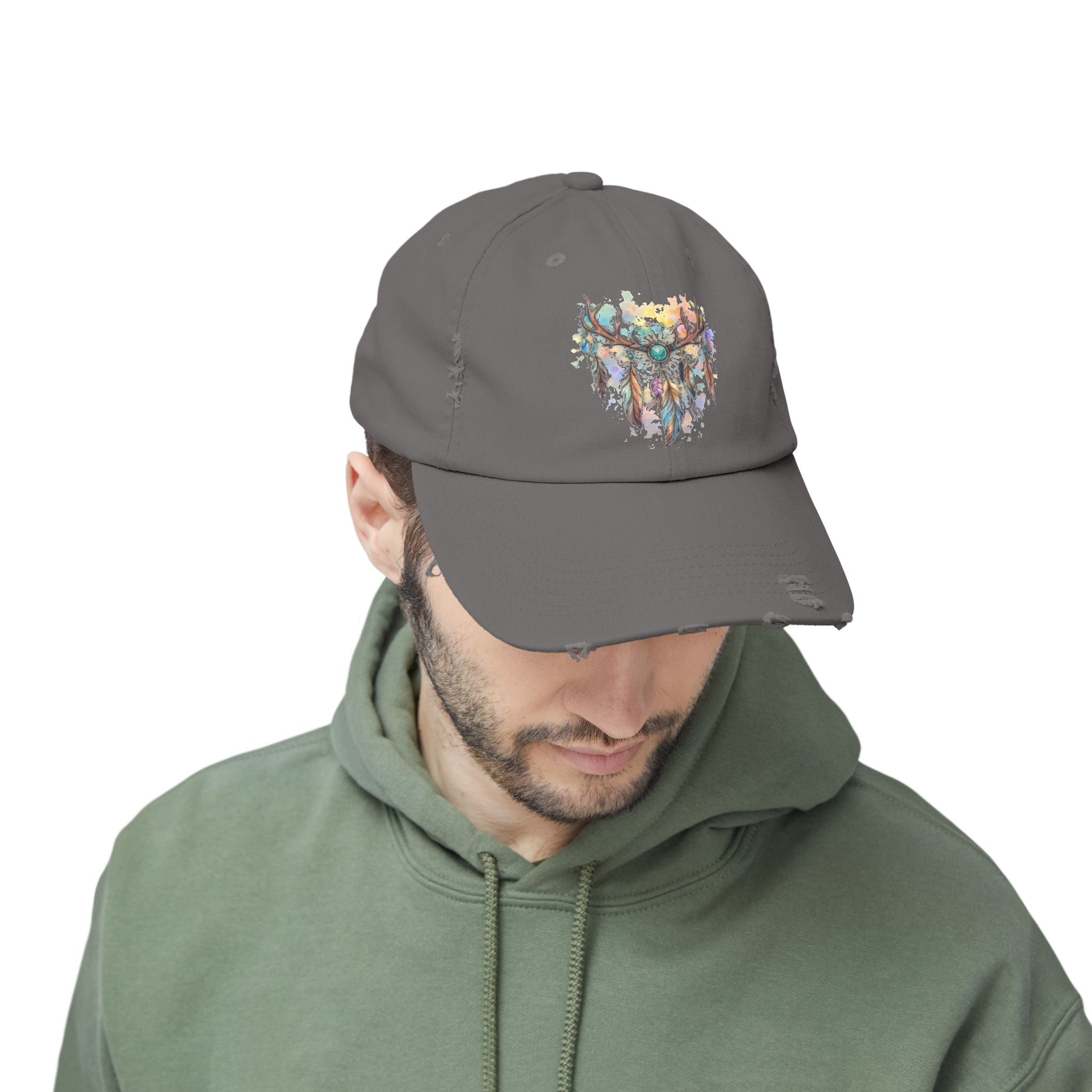 Distressed Hat. Watercolor Antler Dreamcatcher