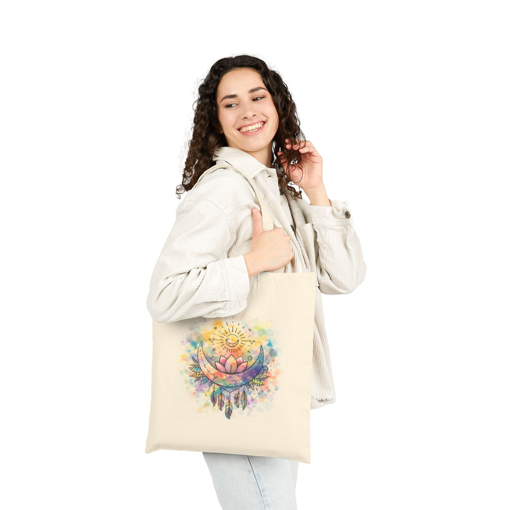 Boho Watercolor Lotus & Sun Spiritual Cotton Canvas Tote