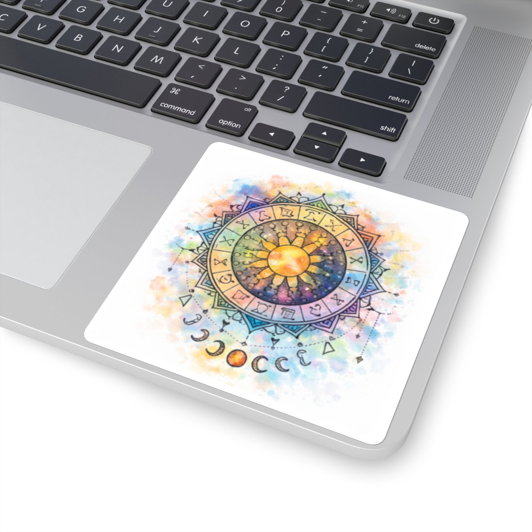 Watercolor Zodiac Mandala Square Stickers | Sun Moon Phases, Astrological Symbols