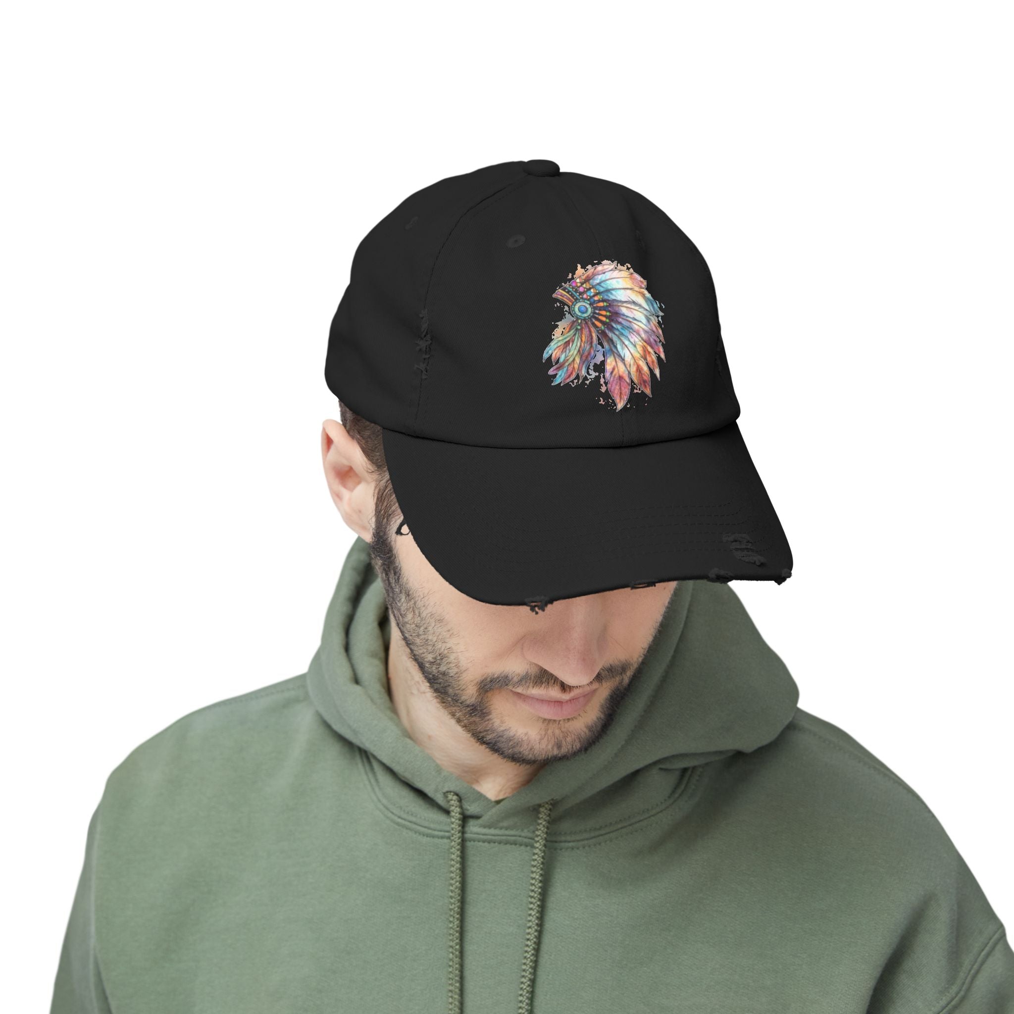 Distressed Cap with Colorful Watercolor Native Feather Headdress